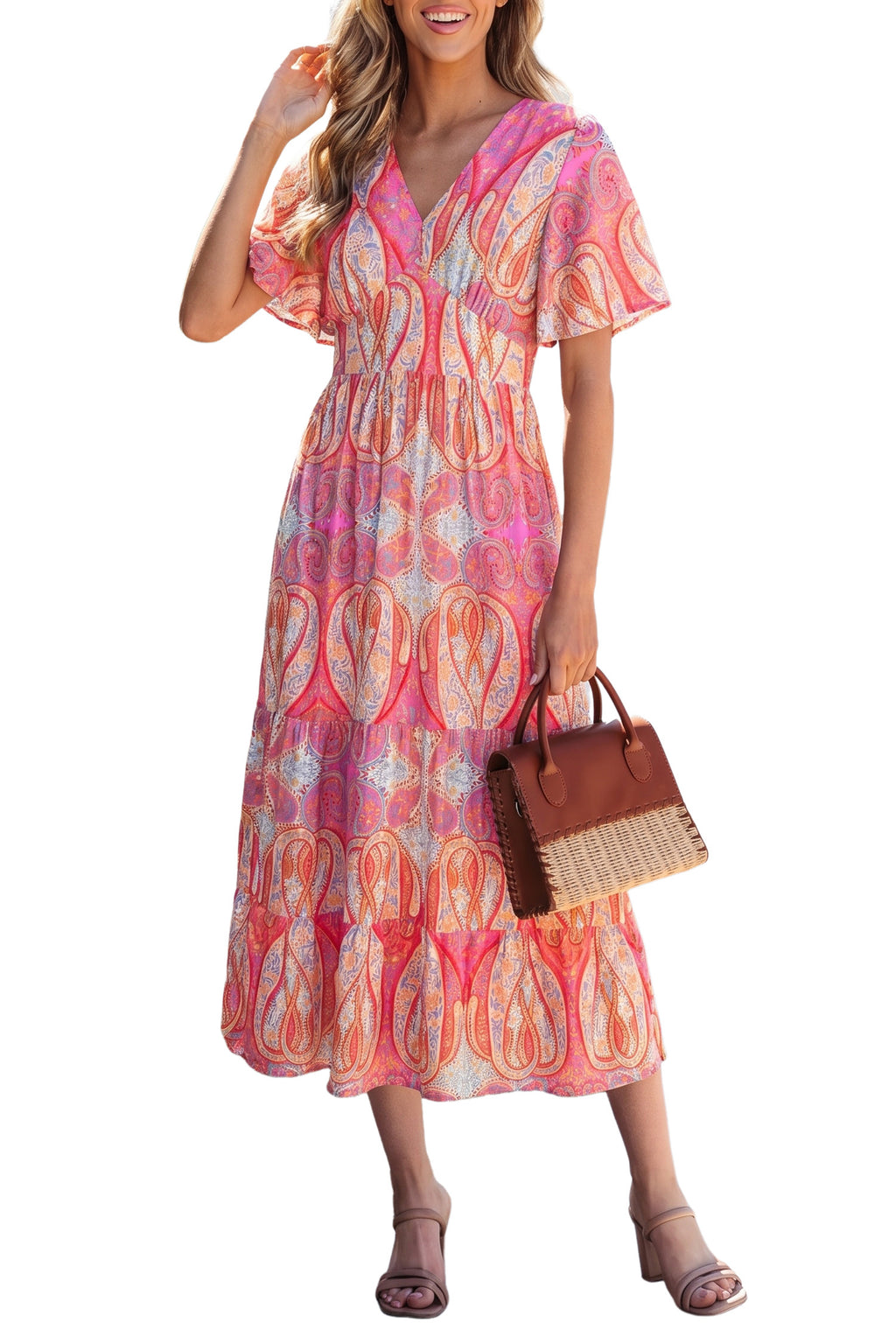 Multicolour Paisley Print V-Neck Short Sleeve Boho Maxi Dress with Ruffle Details
