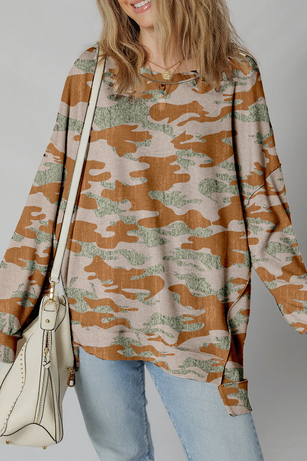 Retro Camouflage Print Exposed Seam Patchwork Drop Shoulder Sweatshirt