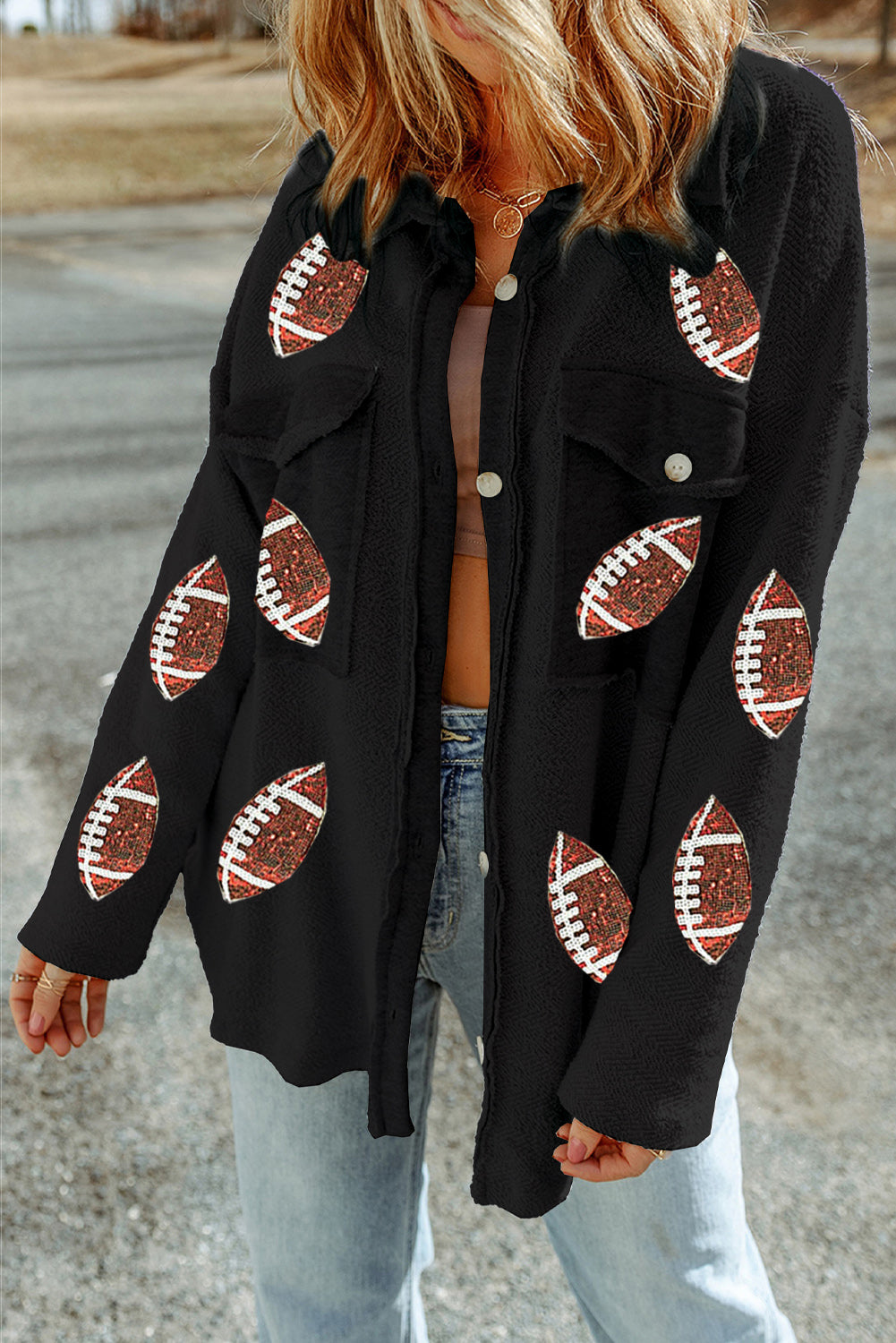 Black Sequined Football Flap Pockets Buttoned Shacket