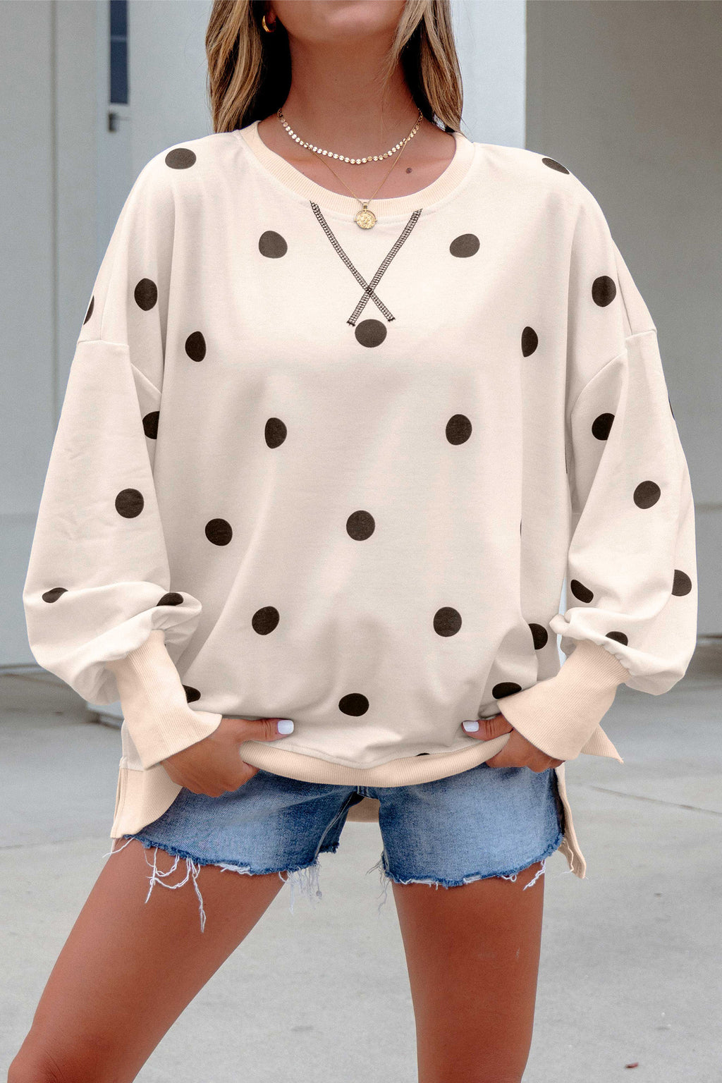 Beige Loose-fit Long Sleeve Round Neck Polka Dot Tunic Sweatshirt