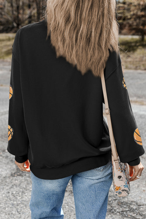 Black Sequin Ball Patched Crewneck Game Day Sweatshirt