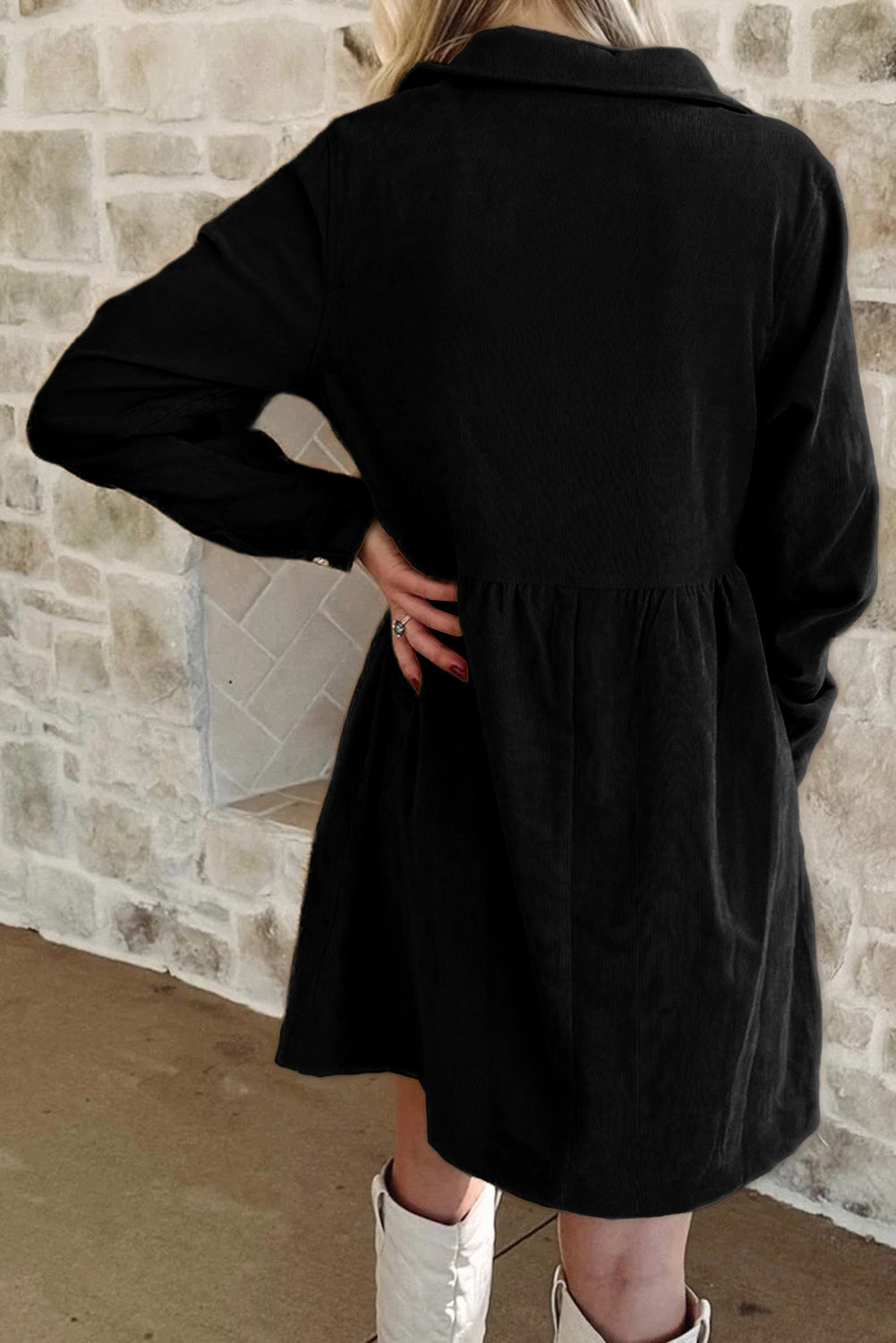 Oatmeal Corduroy Half Button Collared Long Sleeve Mini Dress
