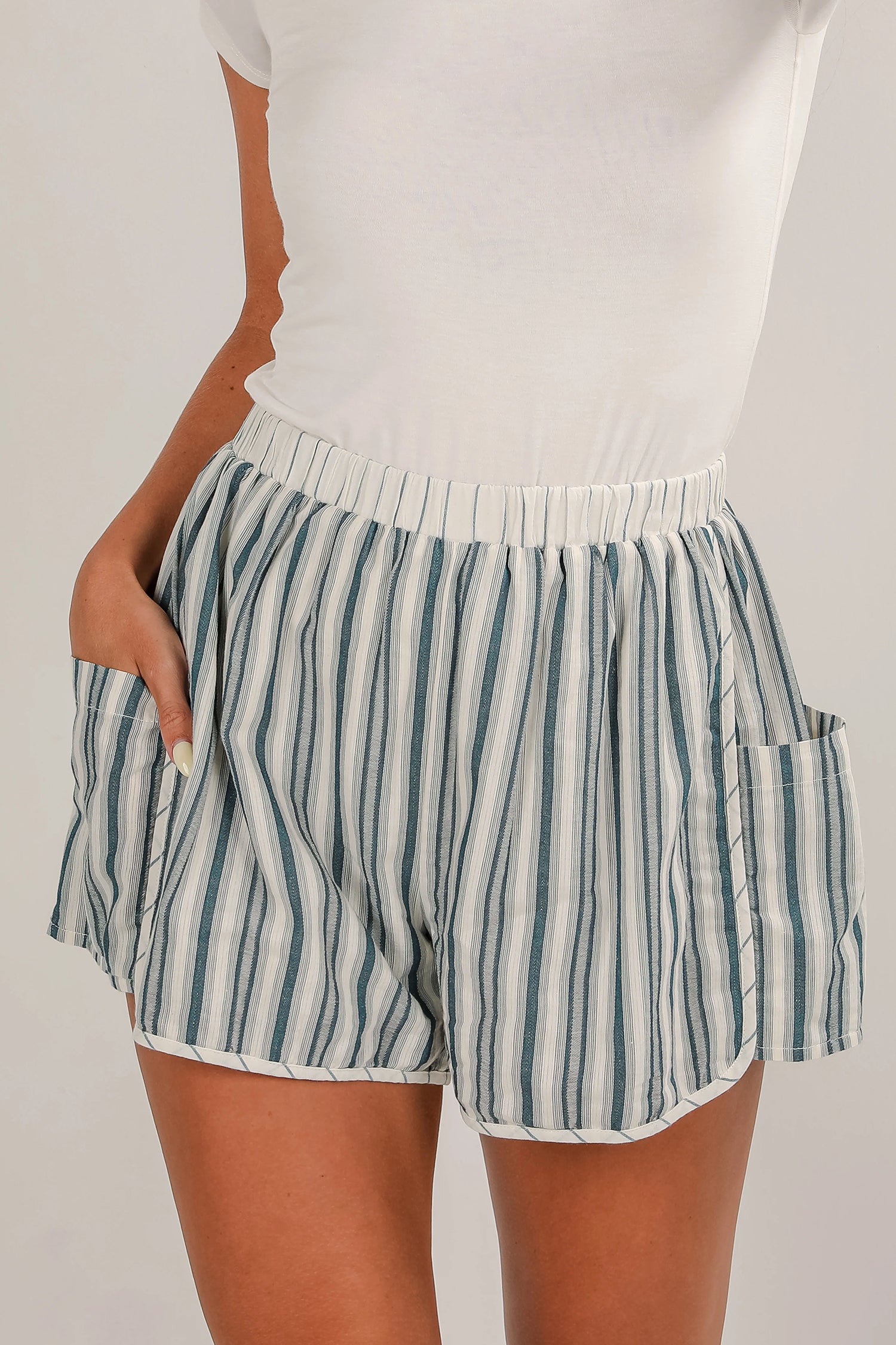 Gray Stripe Elastic Waist Cargo Pocket Casual Shorts