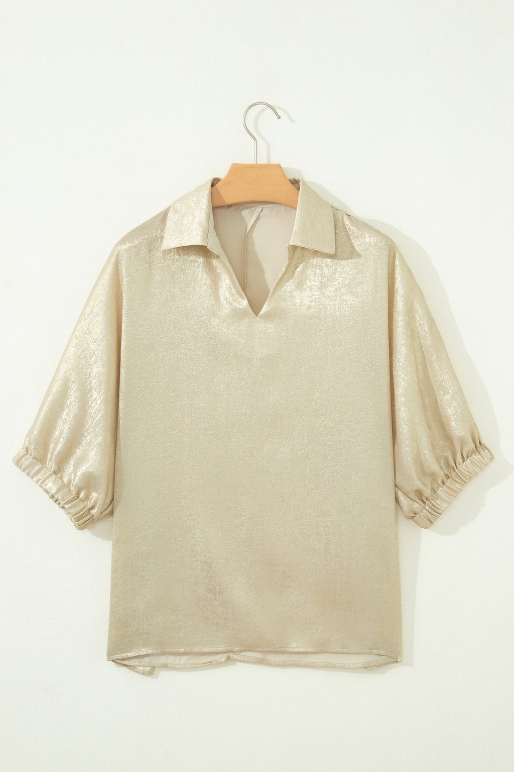 Clearly Aqua Collared V Neck Half Sleeve Metallic Top