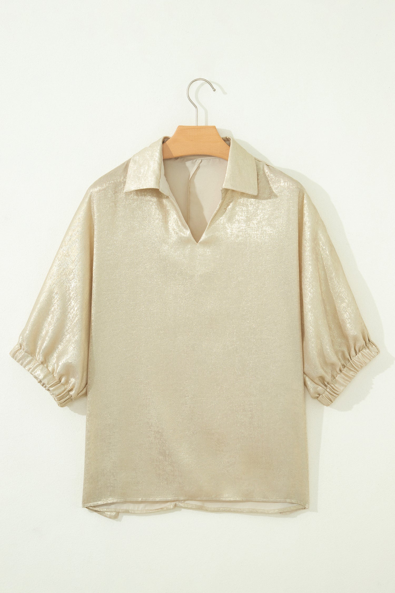 Clearly Aqua Collared V Neck Half Sleeve Metallic Top