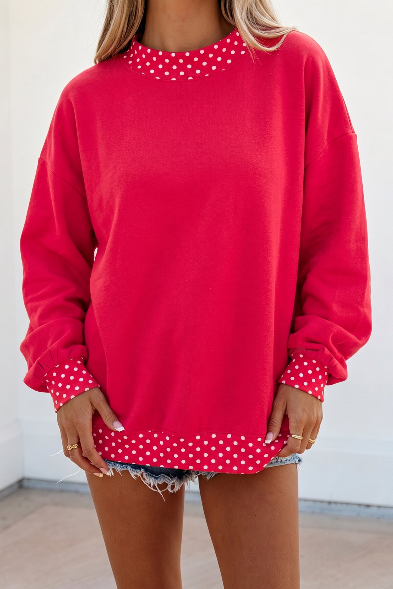 Dark Green Colorblock Polka Dot Contrast Trim Oversized Sweatshirt