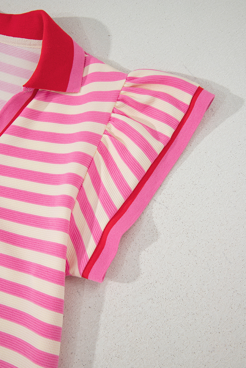 Sachet Pink Stripe Print Contrast Collar Split Neck Flutter Sleeve Short Dress
