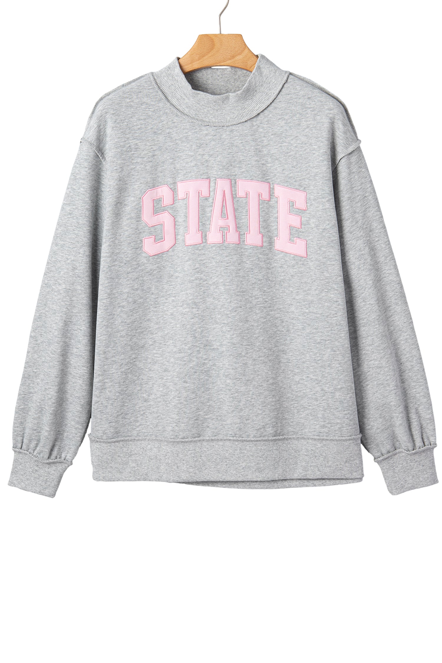 Light Grey Exposed Seam Mock Neck Letter Embroidered Loose Sweatshirt
