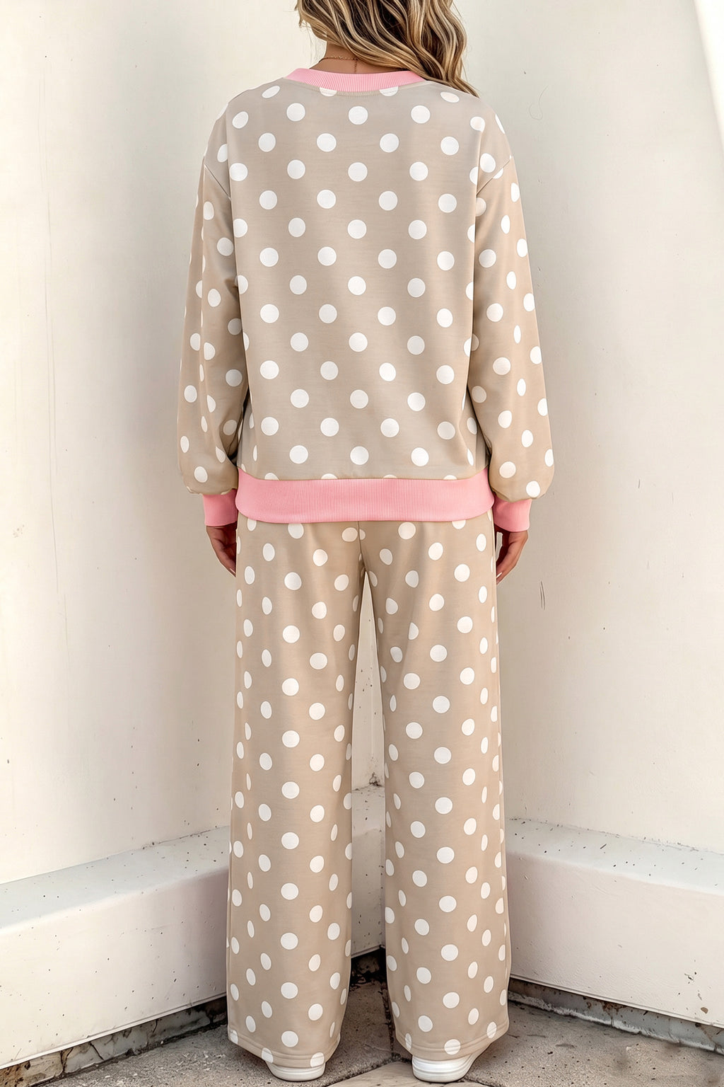 Pink Polka Dot Contrast Trim Long Sleeve Top Drawstring Shift Pants Set