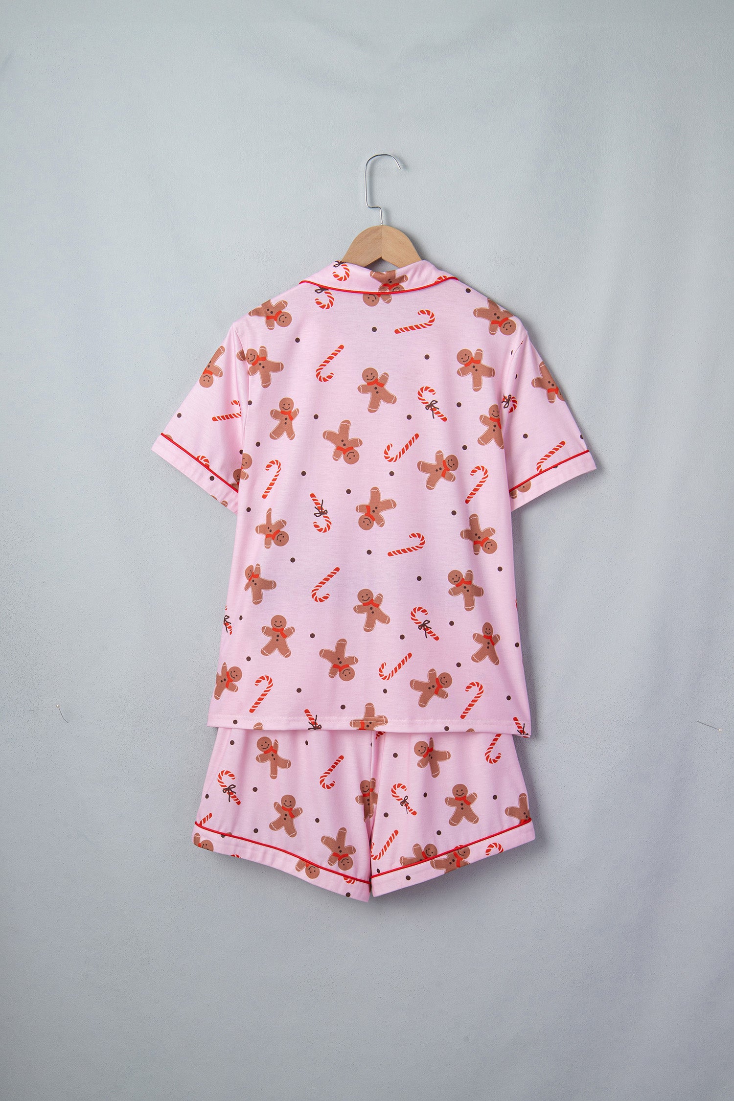 Pink Short Sleeve Placket Shell Button Elastic Waist Lounge Set