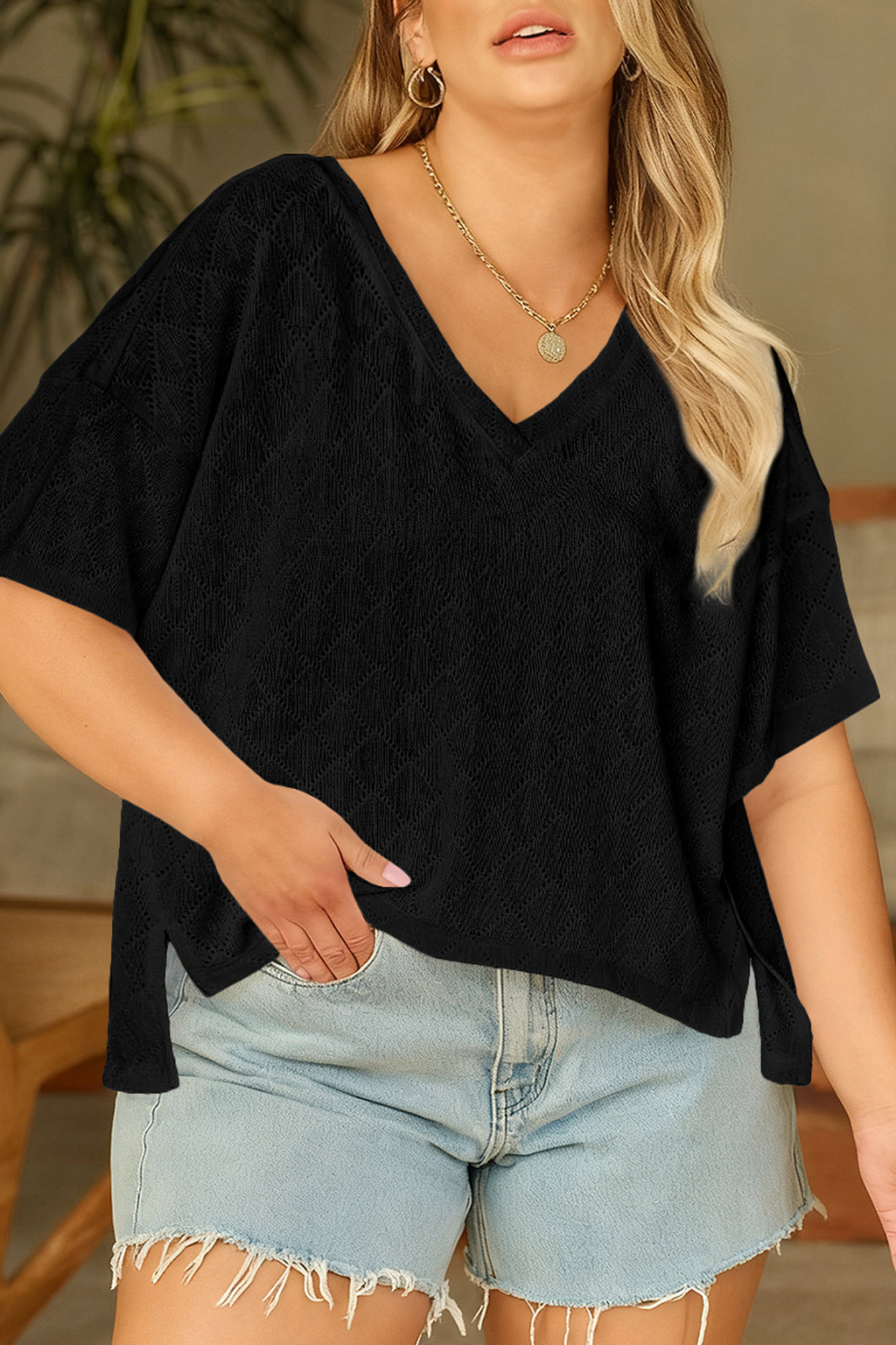Sky Blue Pointelle Rhombus Knit Plus Size V Neck Loose Top