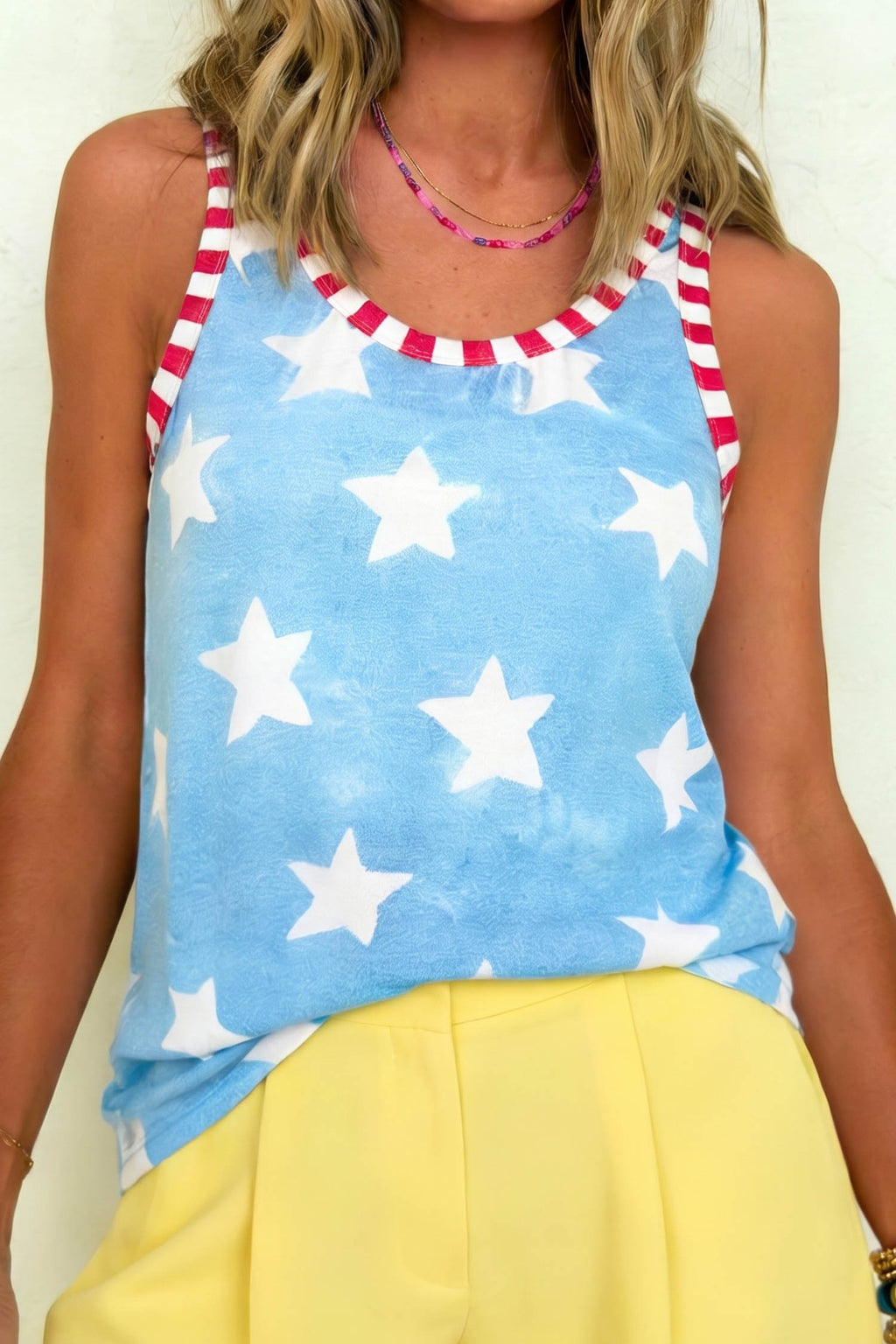 Sky Blue Tie Dye Star Print Striped Trim Round Neck Casual Tank Top