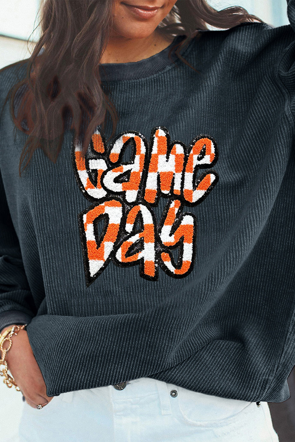 Dark Blue Chenille Checkered Game Day Graphic Drop Shoulder Corded Sweatshirt