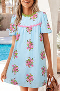 Sky Blue Floral Printed Contrast Ricrac Detail Bubble Sleeve Dress