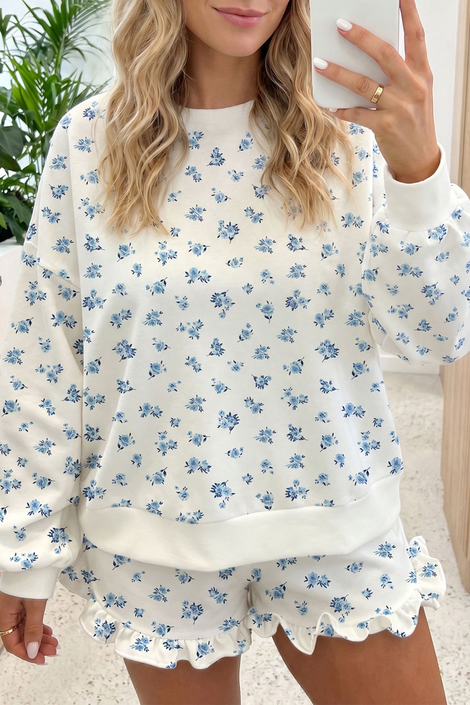 Sky Blue Floral Print Long Sleeve Top Elastic Waist Ruffle Hem Shorts 2pcs Set