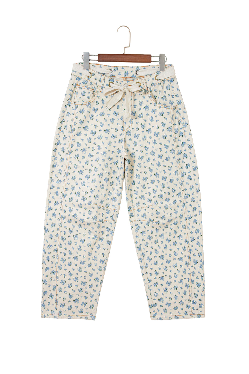 Beige Grommet Knot Waist Floral Barrel Leg Jeans
