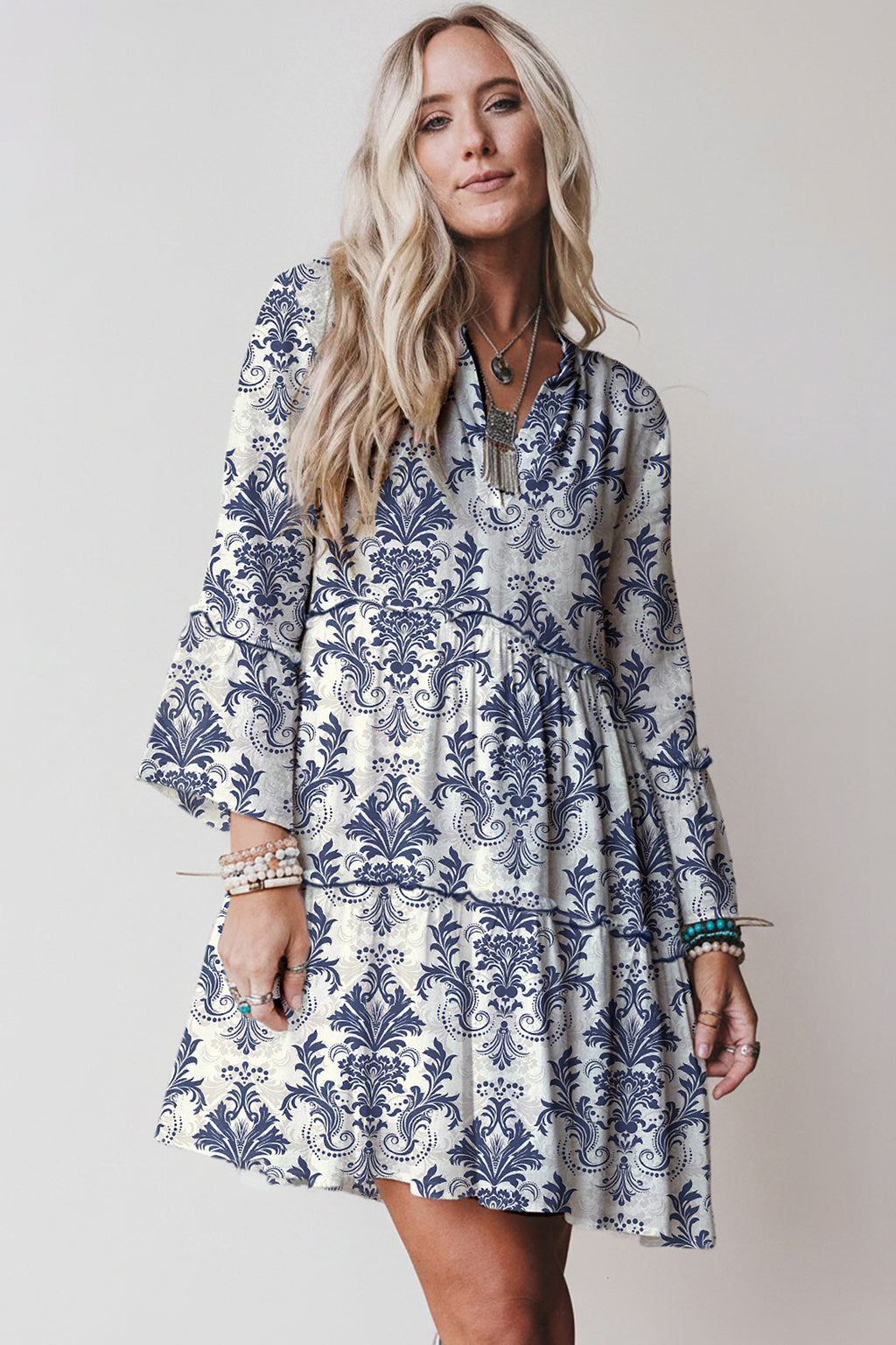 Red Boho Floral Print Lettuce Trim 3/4 Sleeve Mini Dress