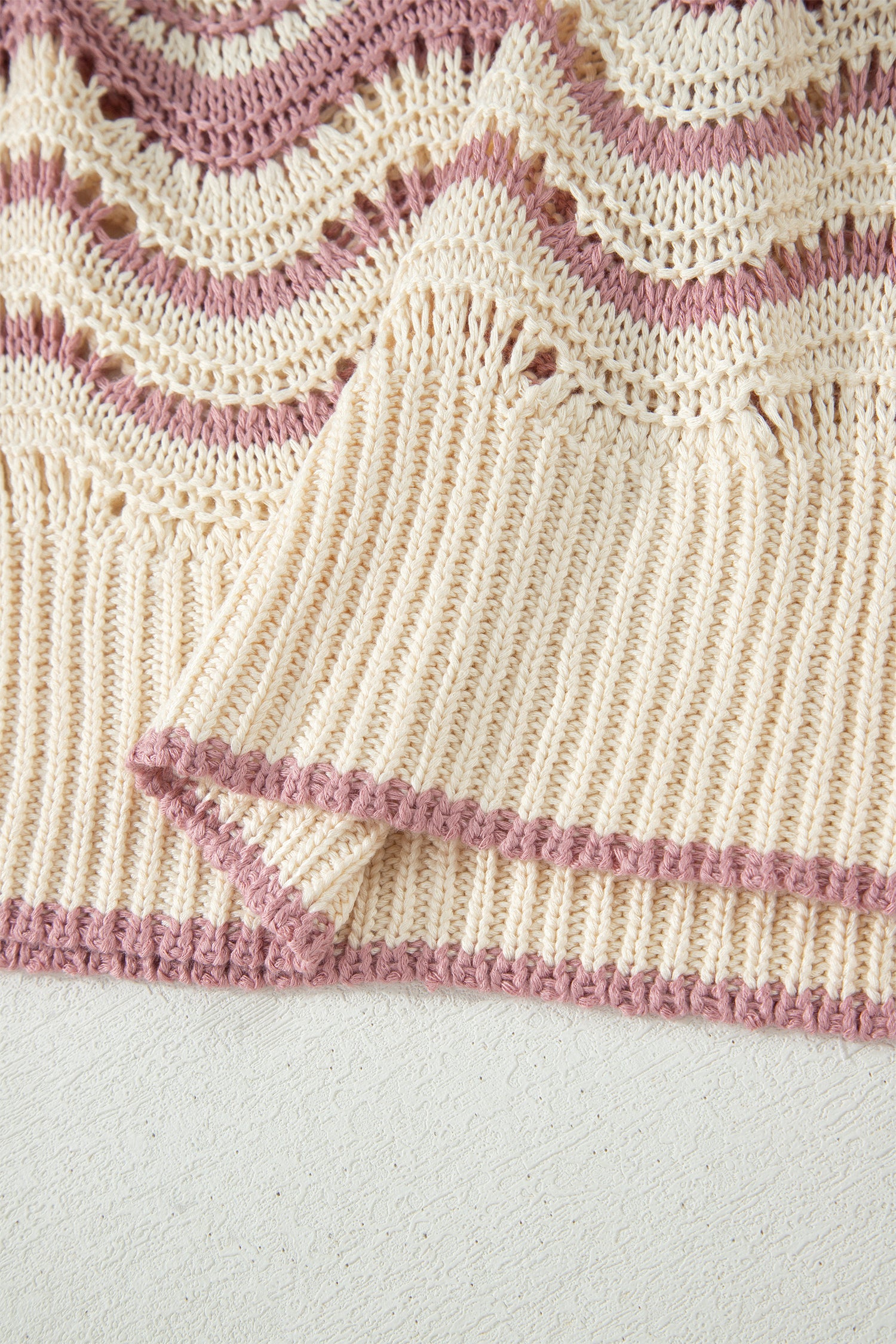 Black Stripe Wavy Crochet Eyelet Detail Ruffle Half Sleeve Sweater