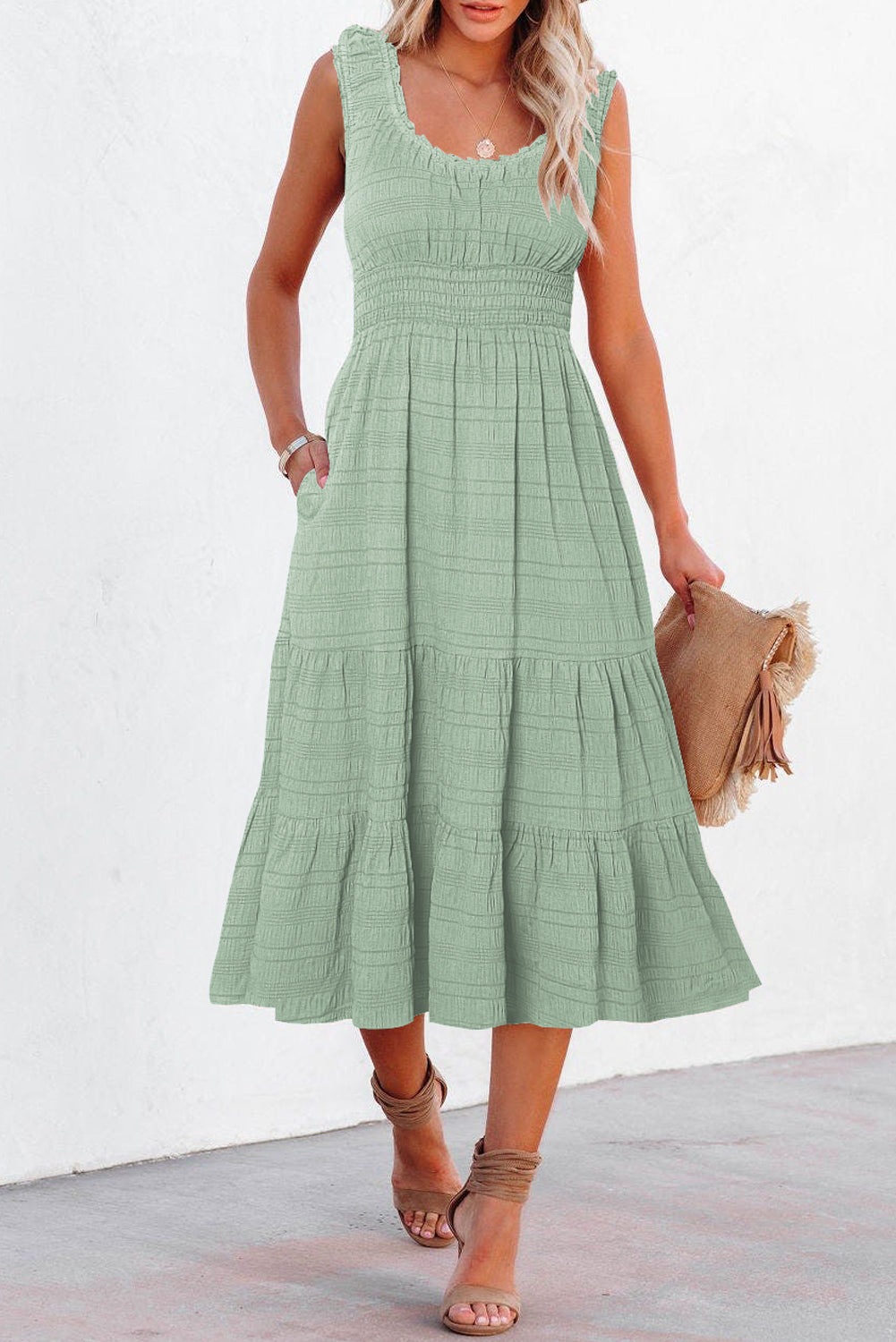 Green Pleated Square Neck Sleeveless Midi Dress