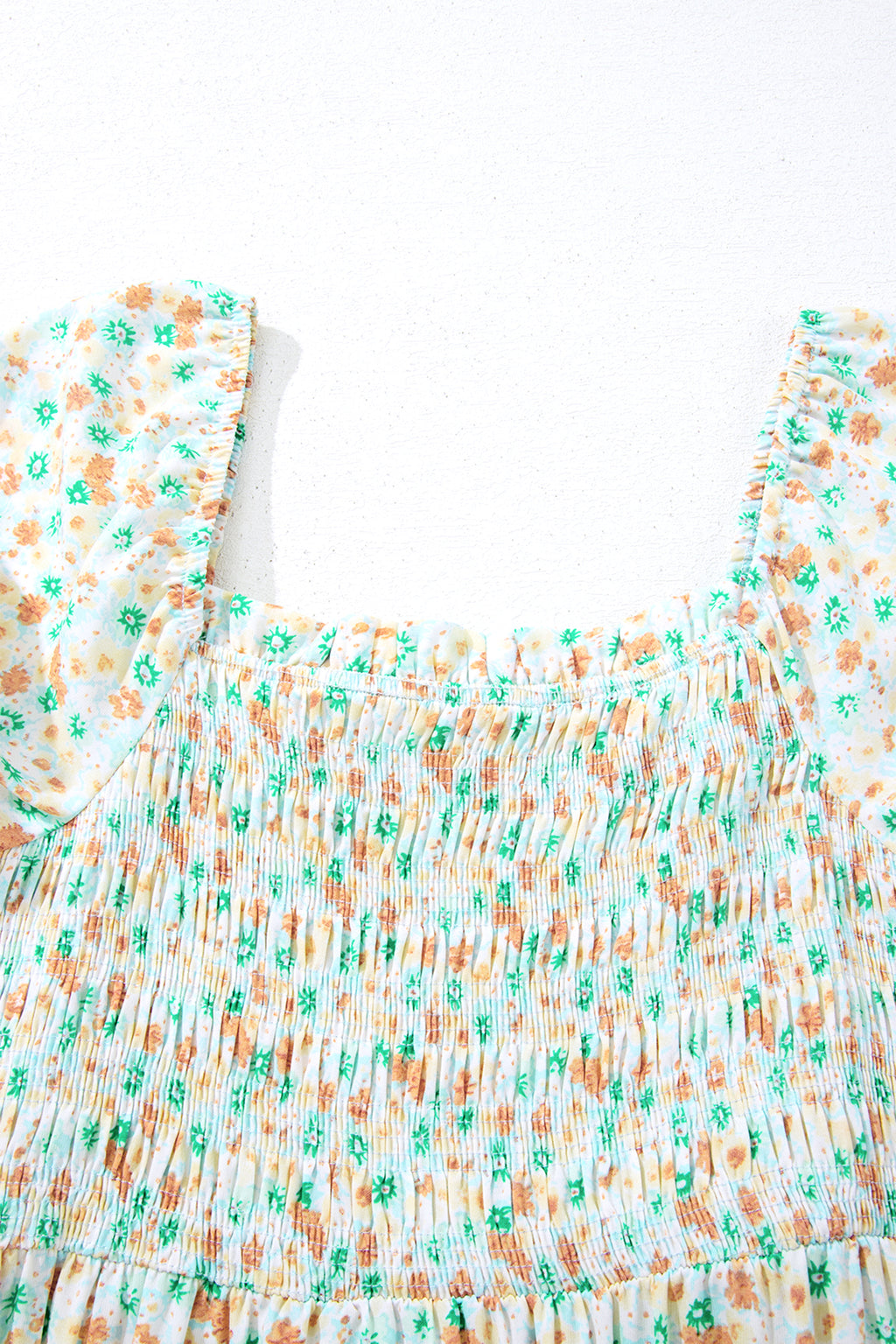 Green Floral Short Bubble Sleeve Shirred High Waist Maxi Dress