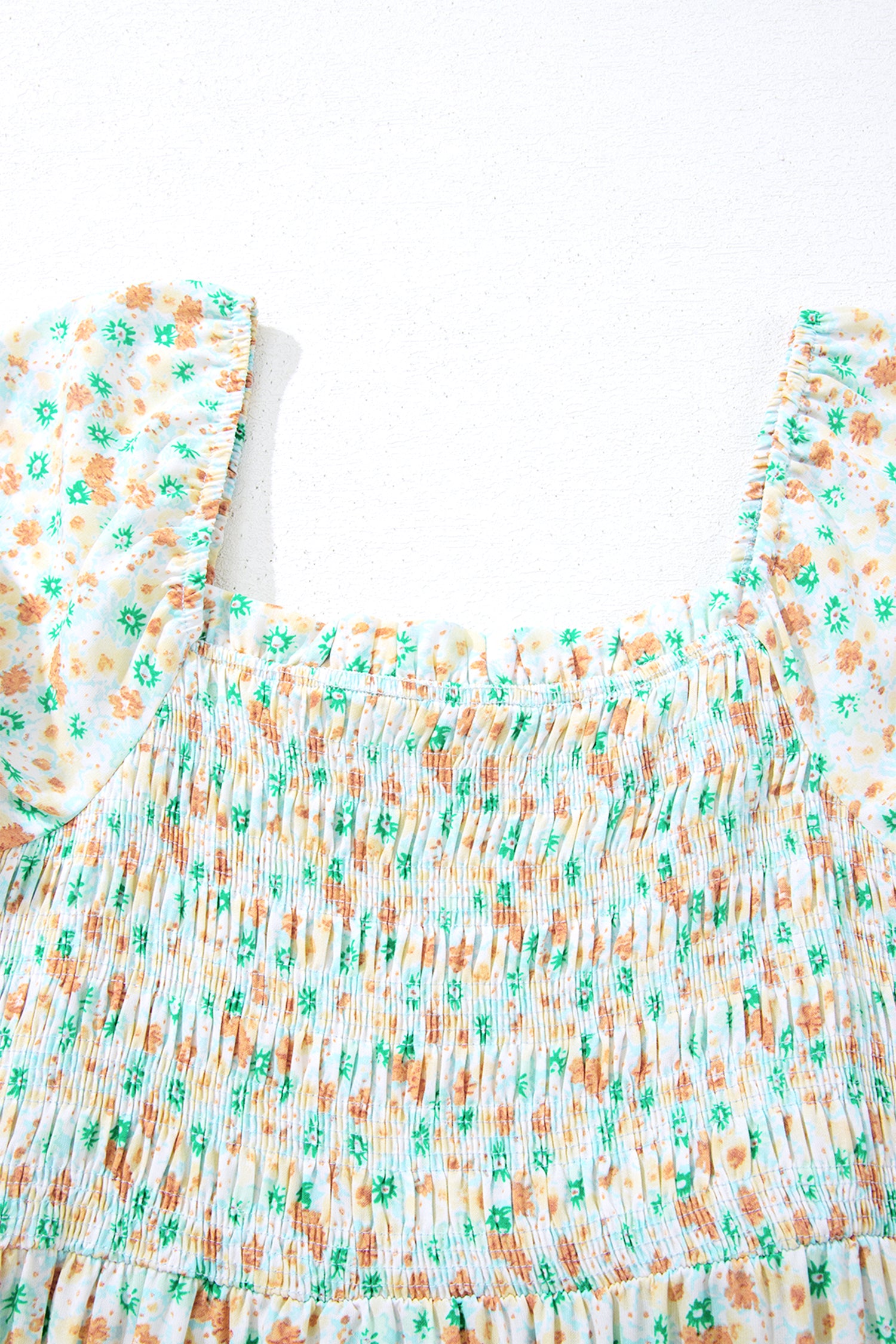 Green Floral Short Bubble Sleeve Shirred High Waist Maxi Dress