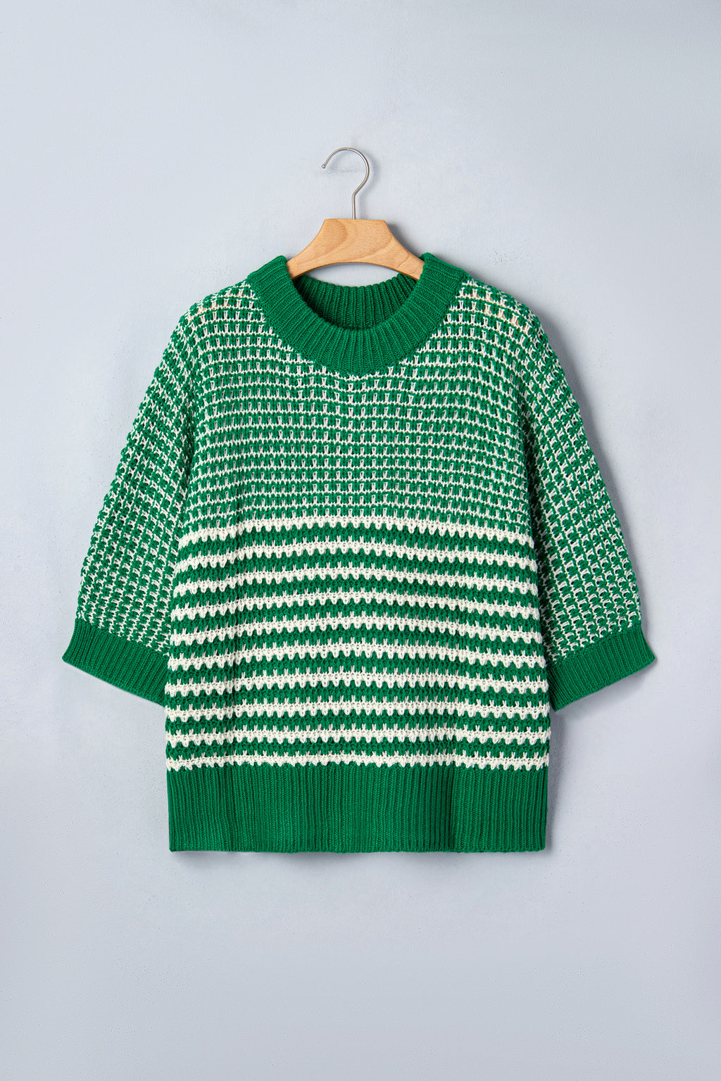 Green Stripe 3/4 Draped Sleeve Slouchy Sweater