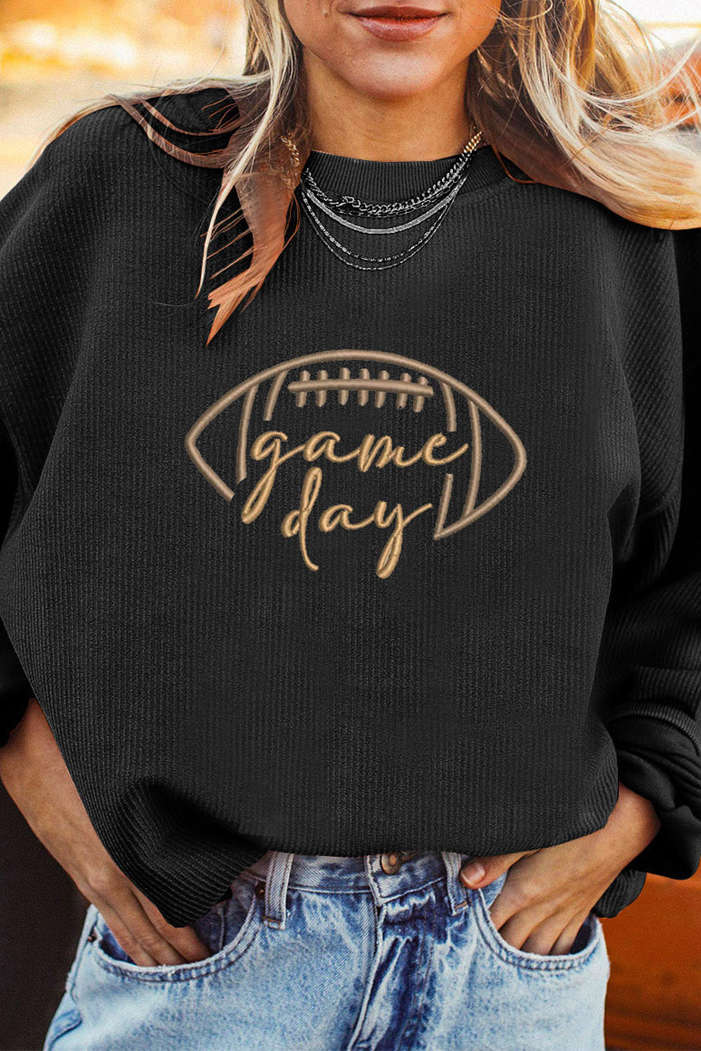 Football Game Day Embroidered Corduroy Sweatshirt