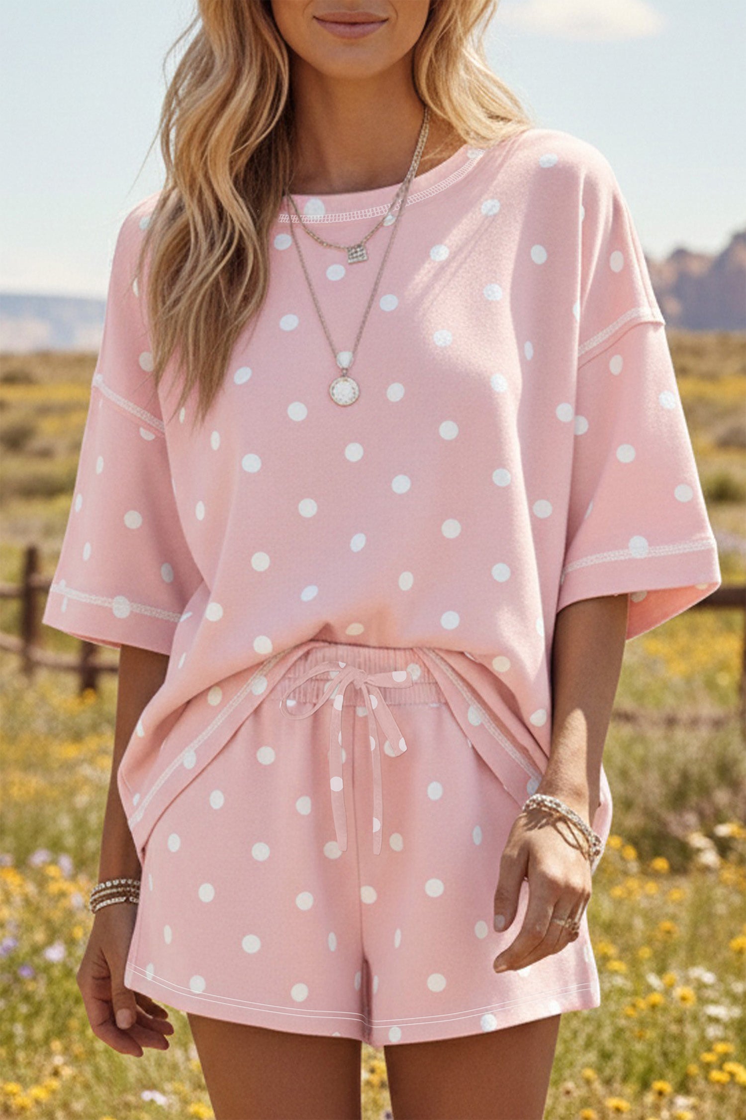 Yellow Exposed Seam Detail Polka Dot Loose Tee Drawstring Shorts Set