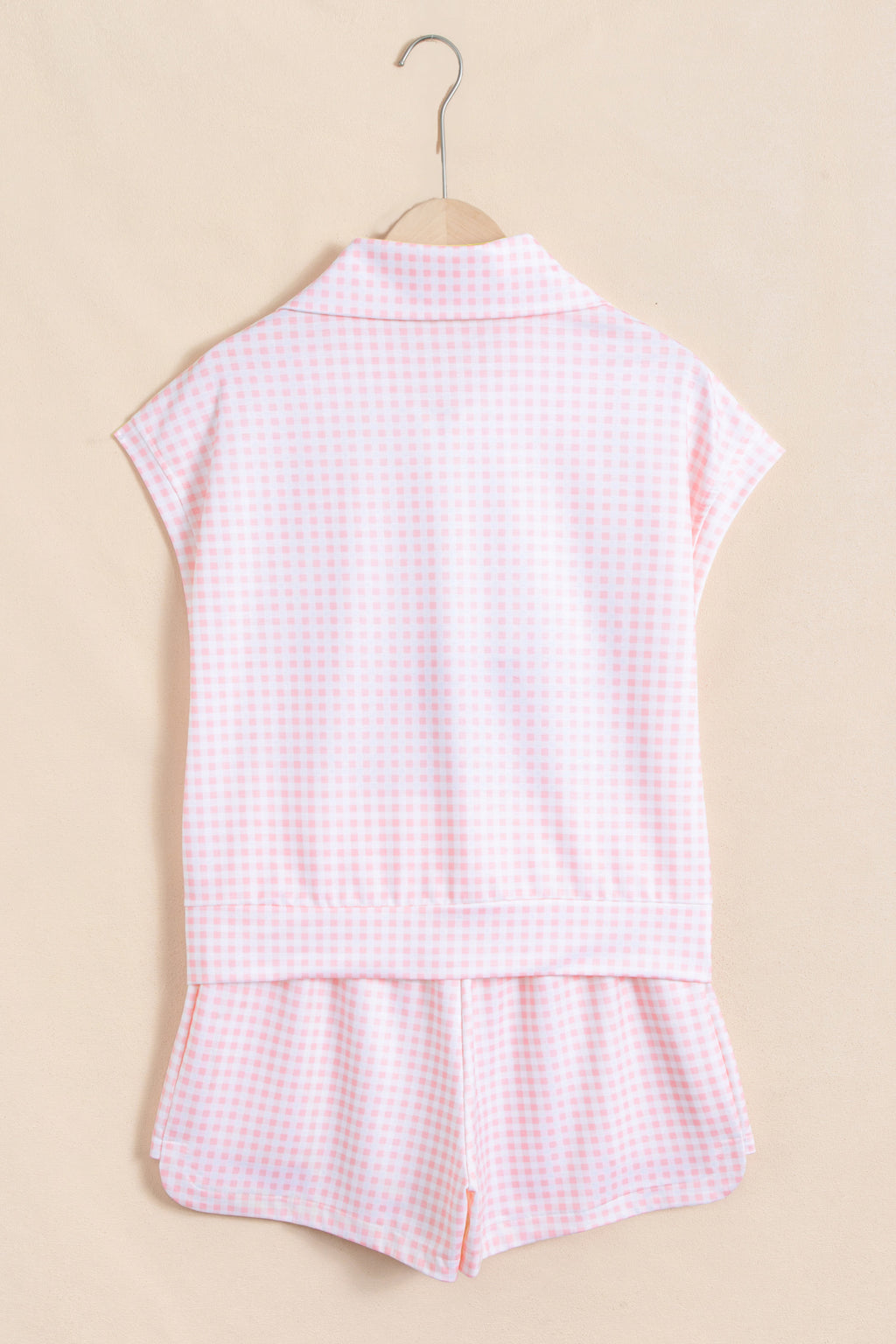 Pink Plaid Zip Neck Sleeveless Top Elastic Waist Shorts Casual Two Piece Short Set