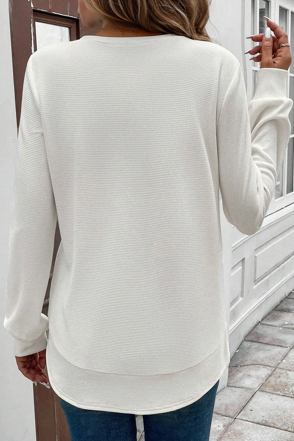 Gossamer Pink Rounded Hem Waffle Long Sleeve Top