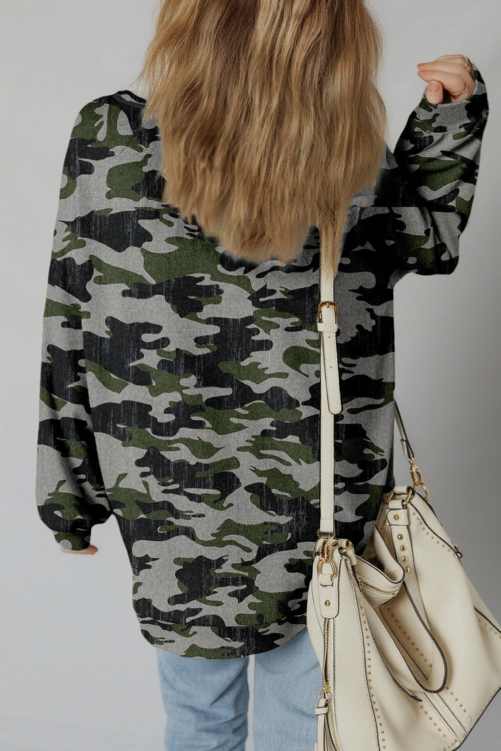 Retro Camouflage Print Exposed Seam Patchwork Drop Shoulder Sweatshirt
