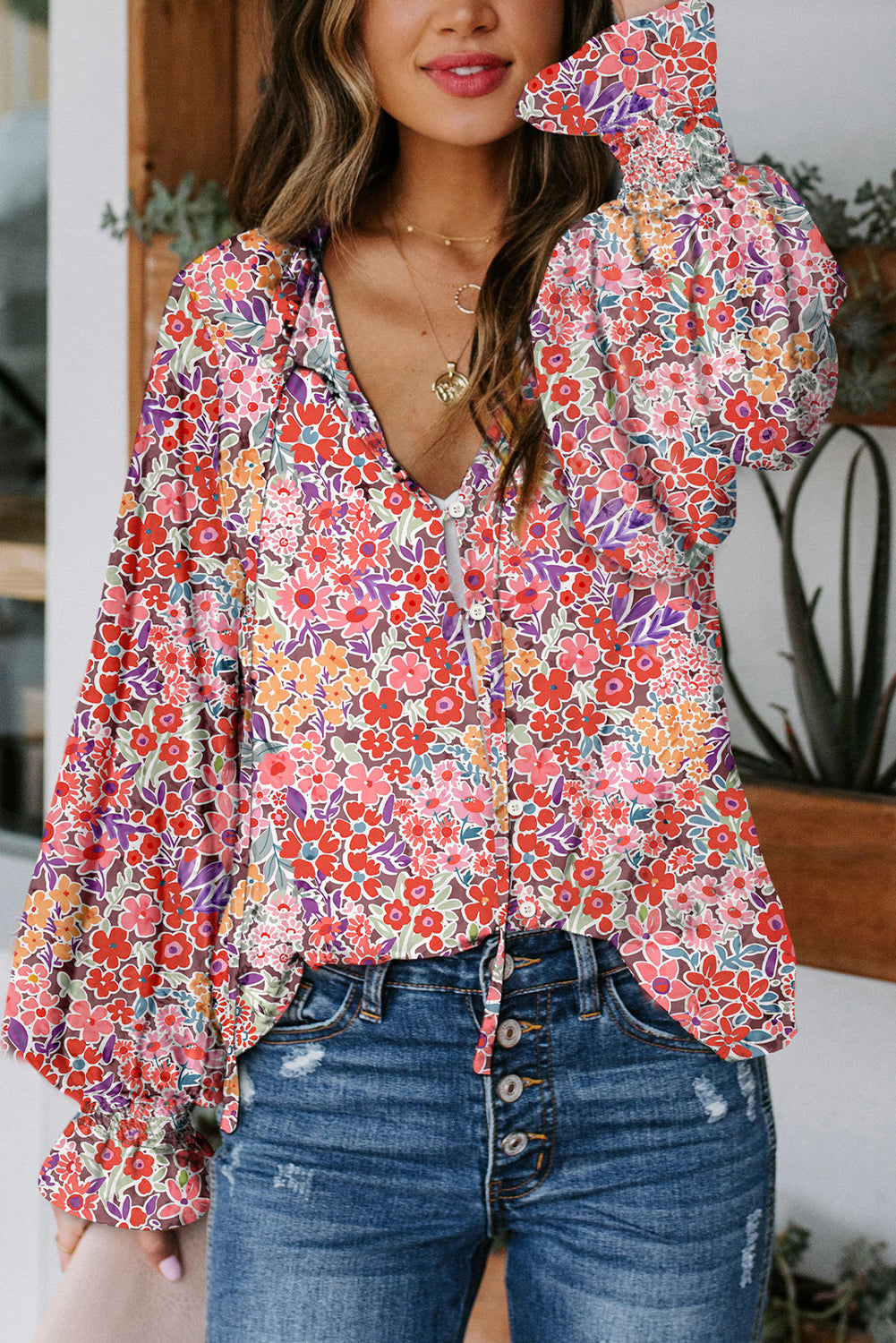 Fiery Red Cakewalk Floral Smocked Blouse
