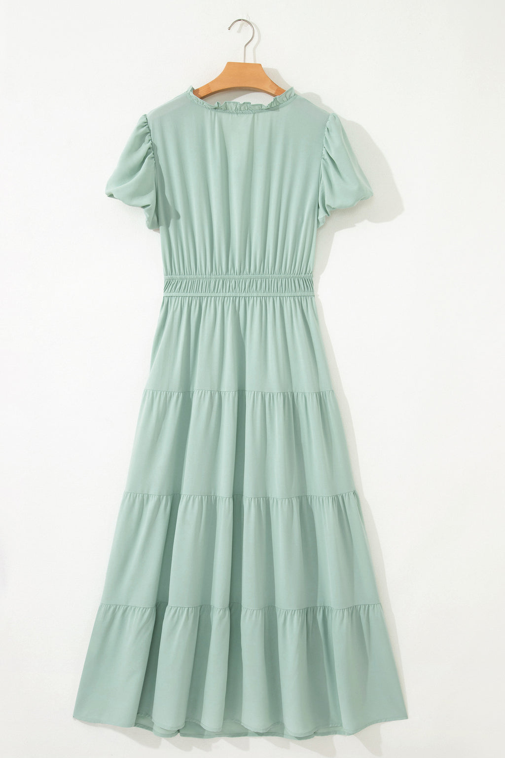 Clearly Aqua Solid Color V Neck Short Puff Sleeve High Waist Tiered Maxi Dress