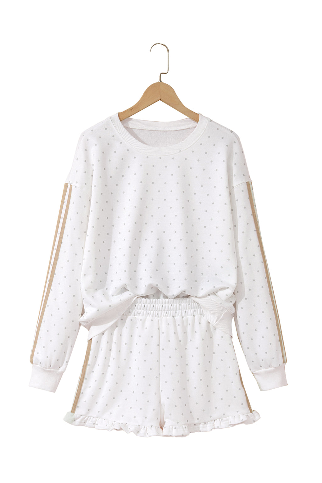 White Polka Dot Print Side Stripe Detail Casual Sweatshirt 2pcs Short Set