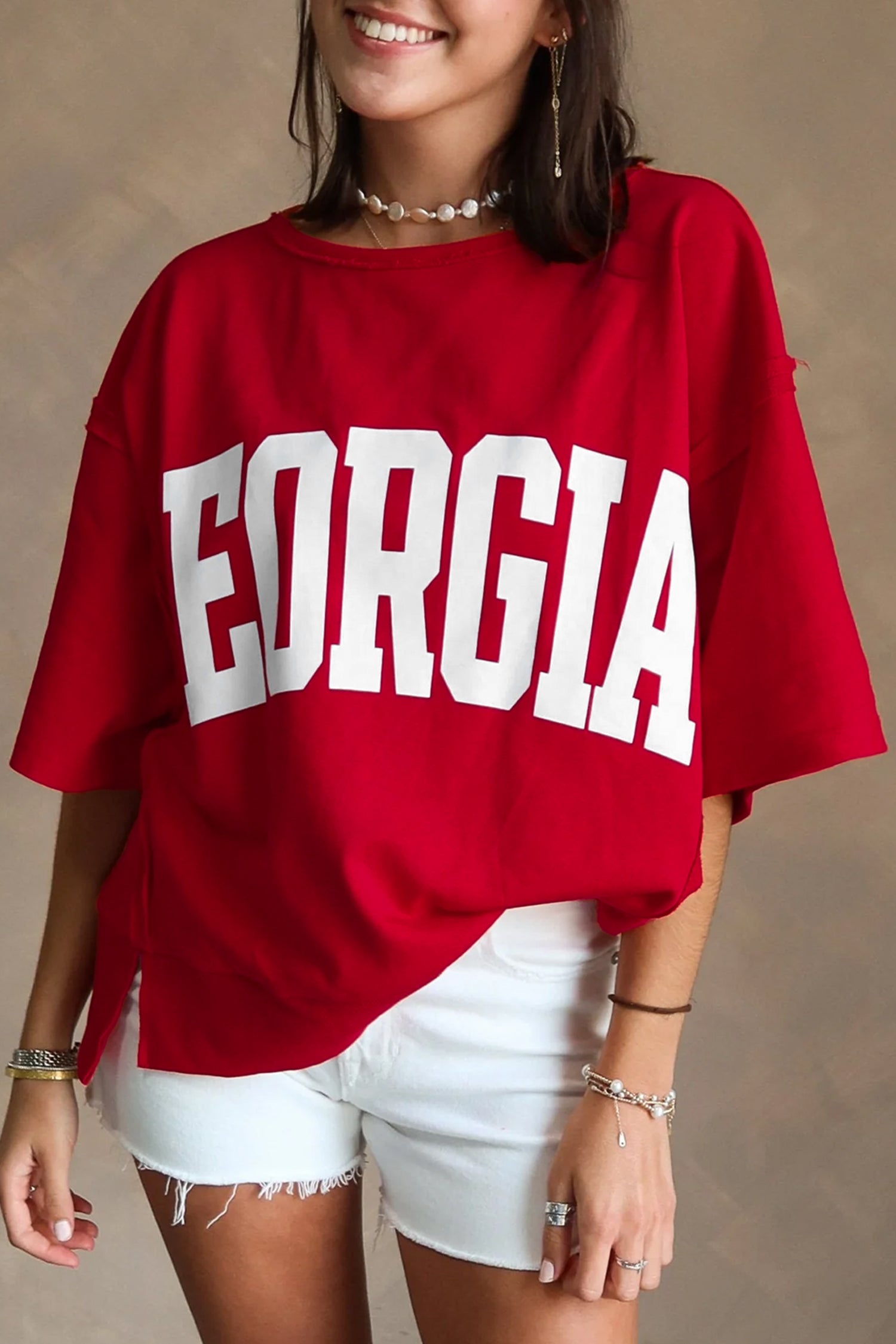 Red GEORGIA Letter Printed  Seam Drop Shoulder Loose Tee