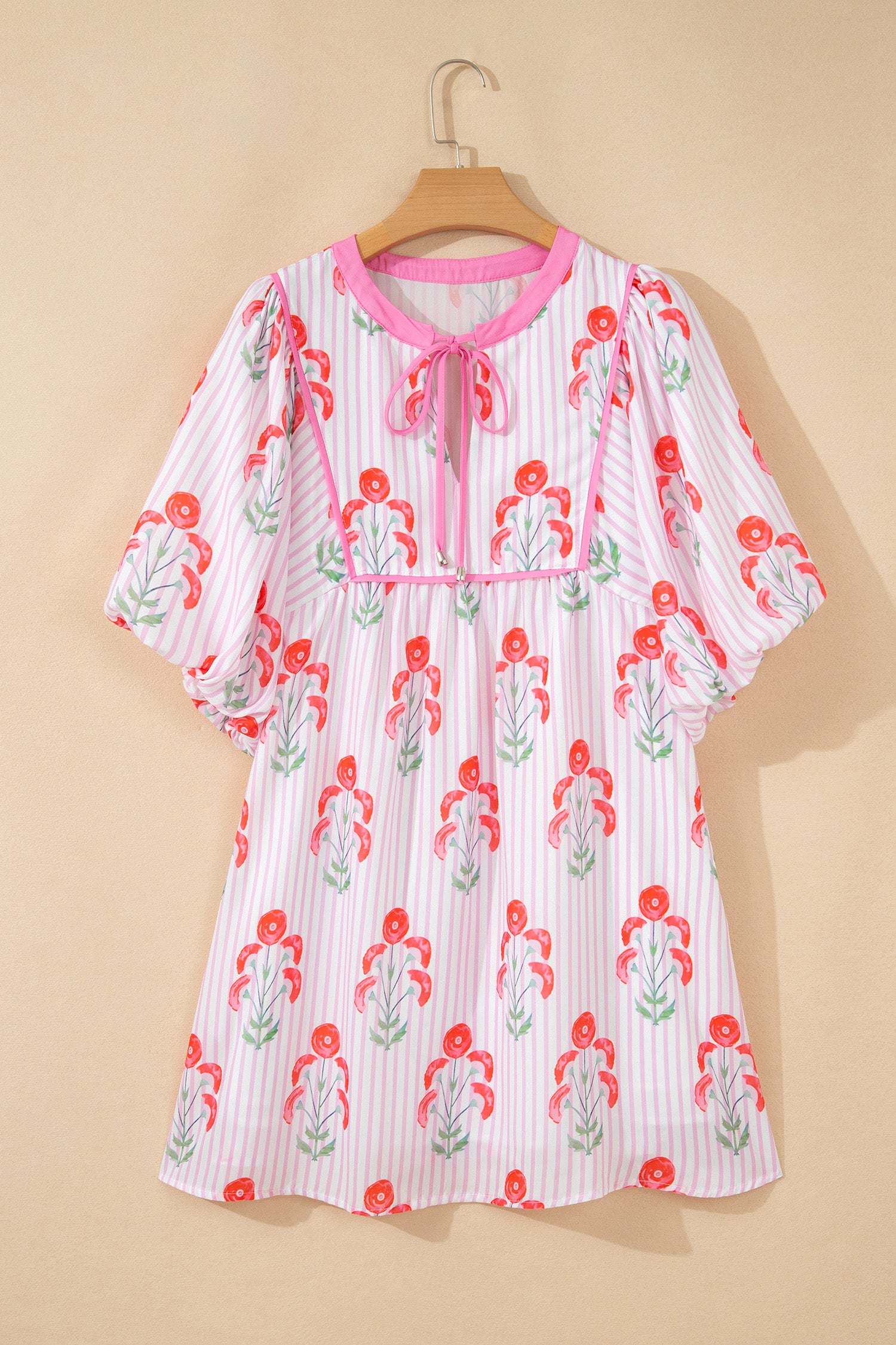 Pink Floral Striped Print Tie Notched Neck Puff Sleeve Flared Mini Dress