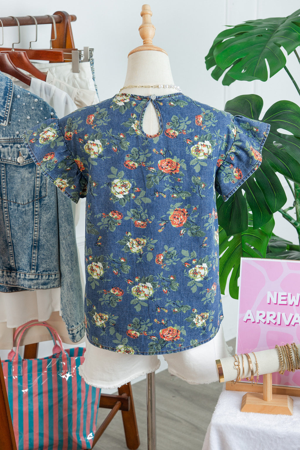 Ashleigh Blue Ruffled Short Sleeve Floral Denim Top