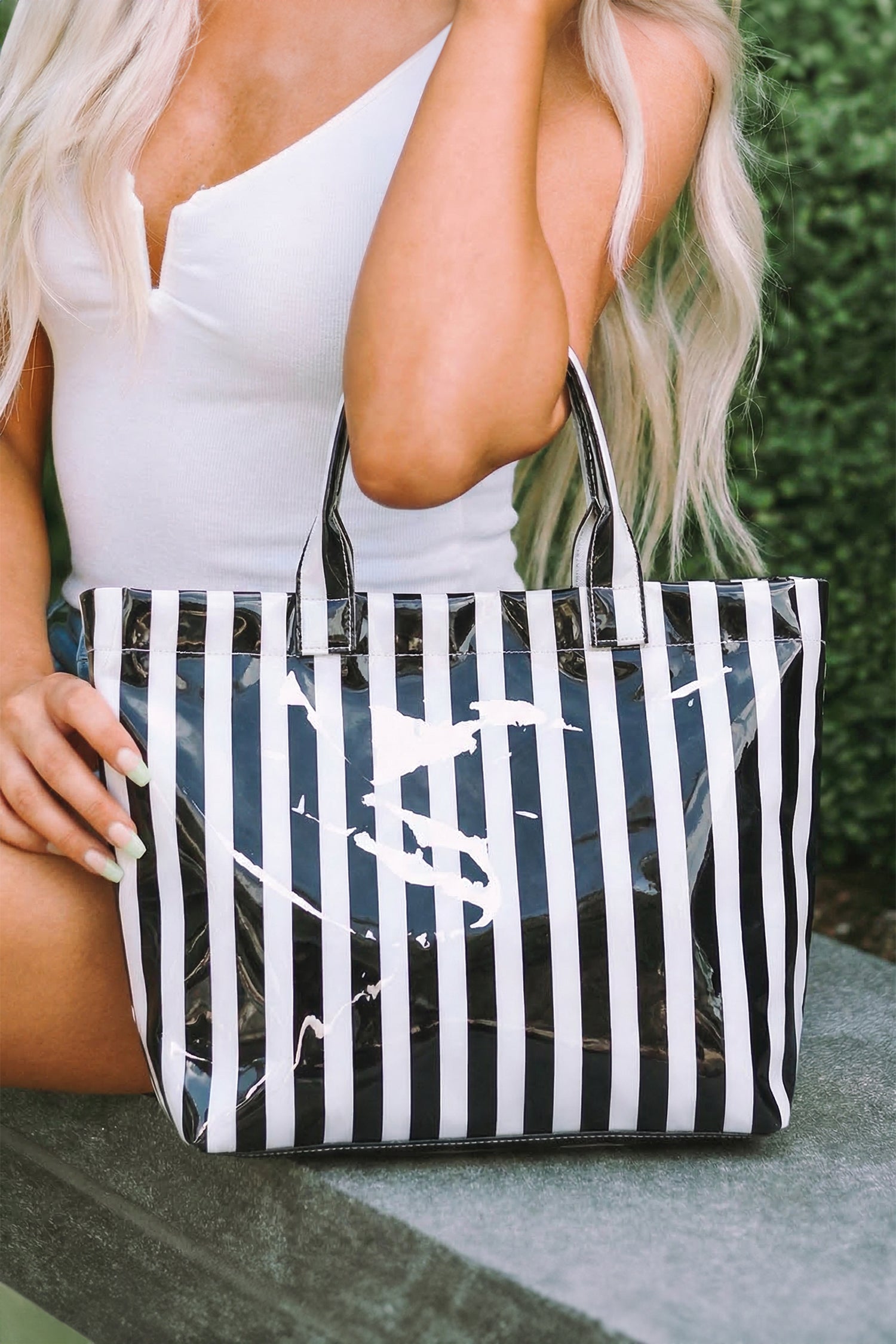 Blackish Green Glossy Striped Vinyl Large Tote Bag