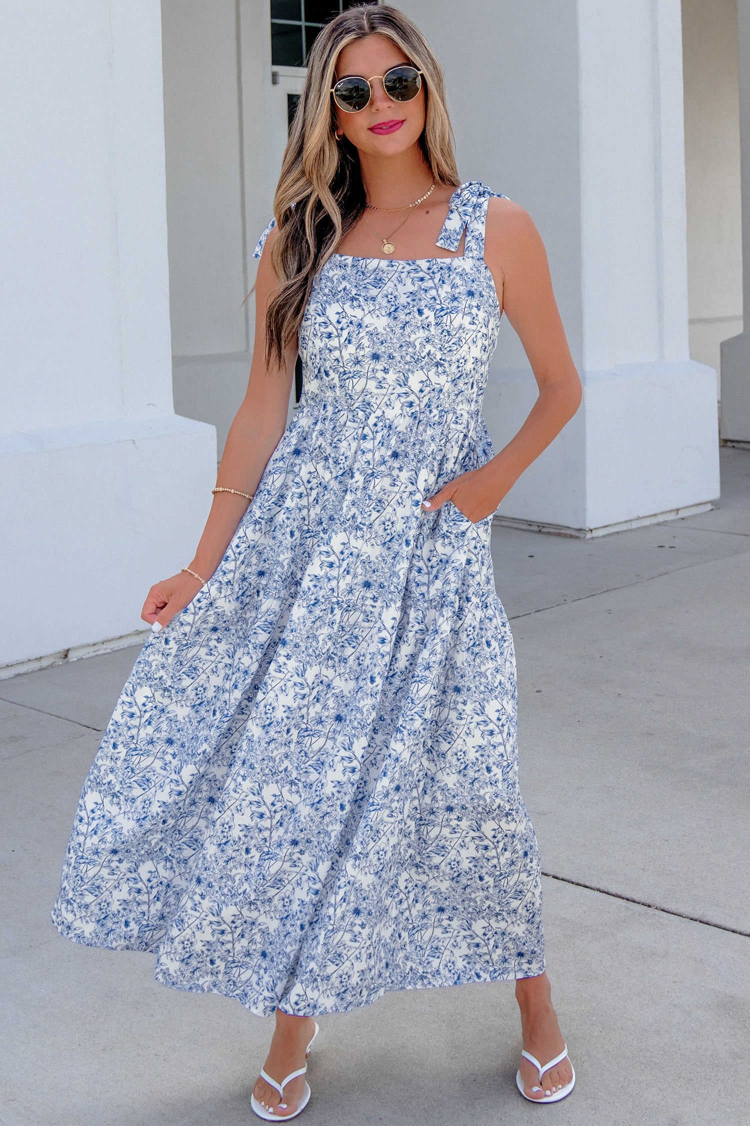 Sky Blue Floral Print Knot Straps High Waist Flared Maxi Dress