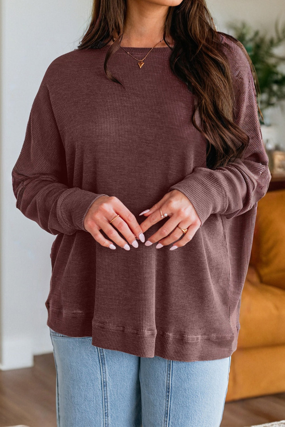 Bright Pink Waffle Knit Patchwork Long Sleeve Loose Top