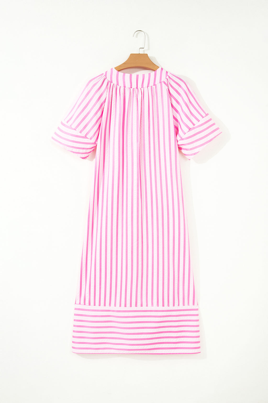 Pink Stripe V Neck Short Sleeve Shift Long Dress