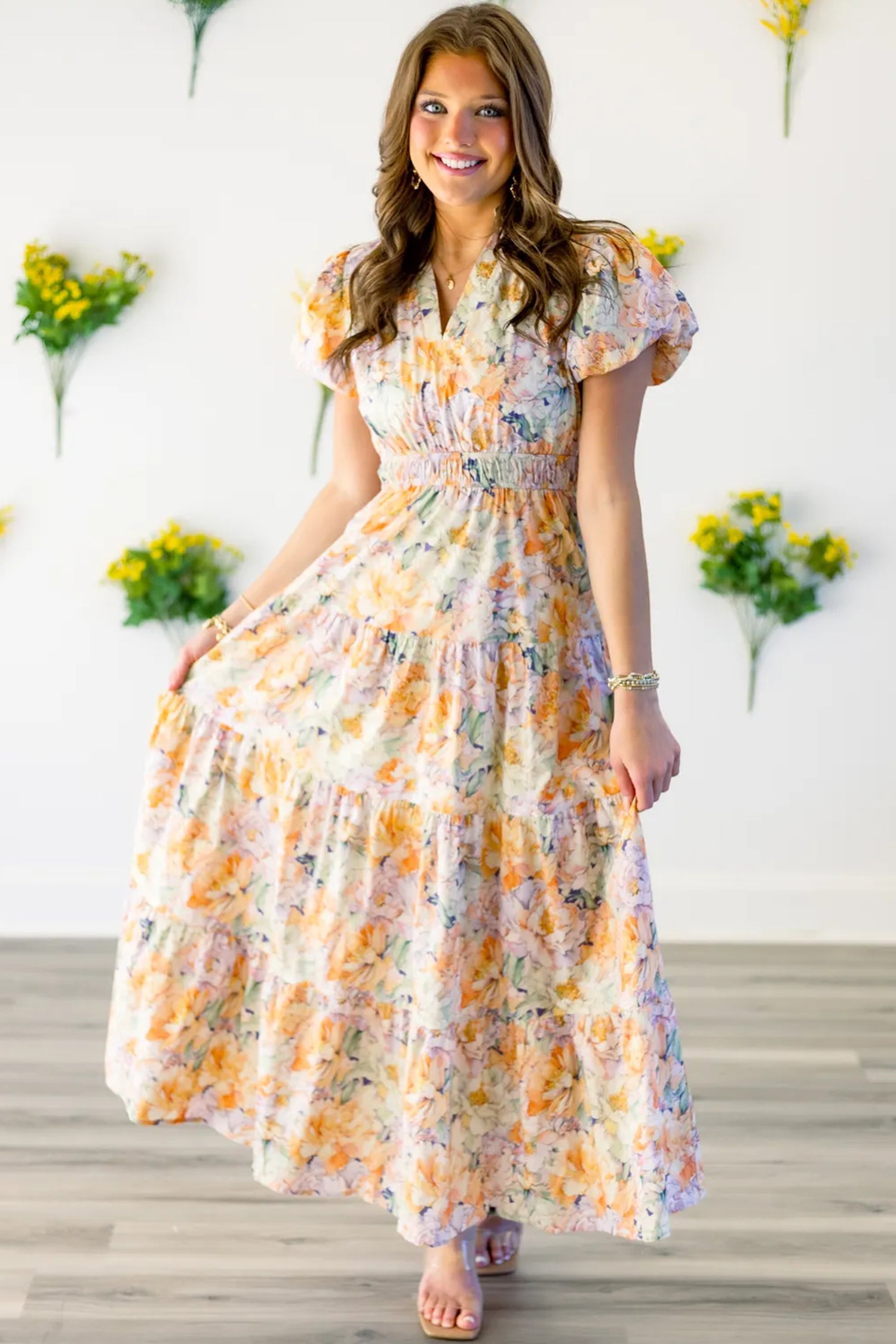 Orange Floral Bubble Sleeve V Neck Flared Maxi Dress
