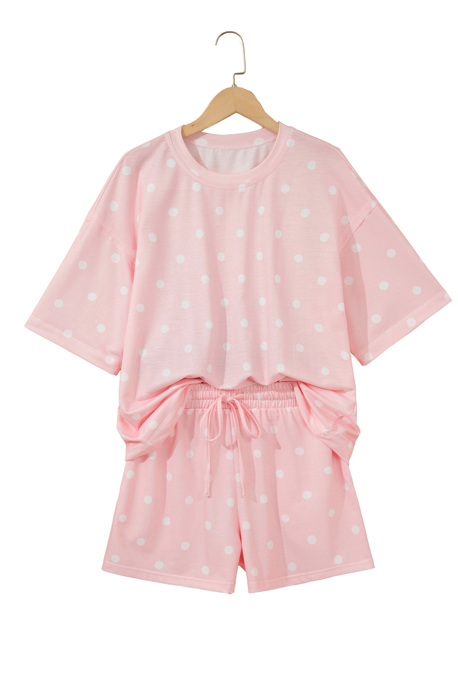 Yellow Exposed Seam Detail Polka Dot Loose Tee Drawstring Shorts Set