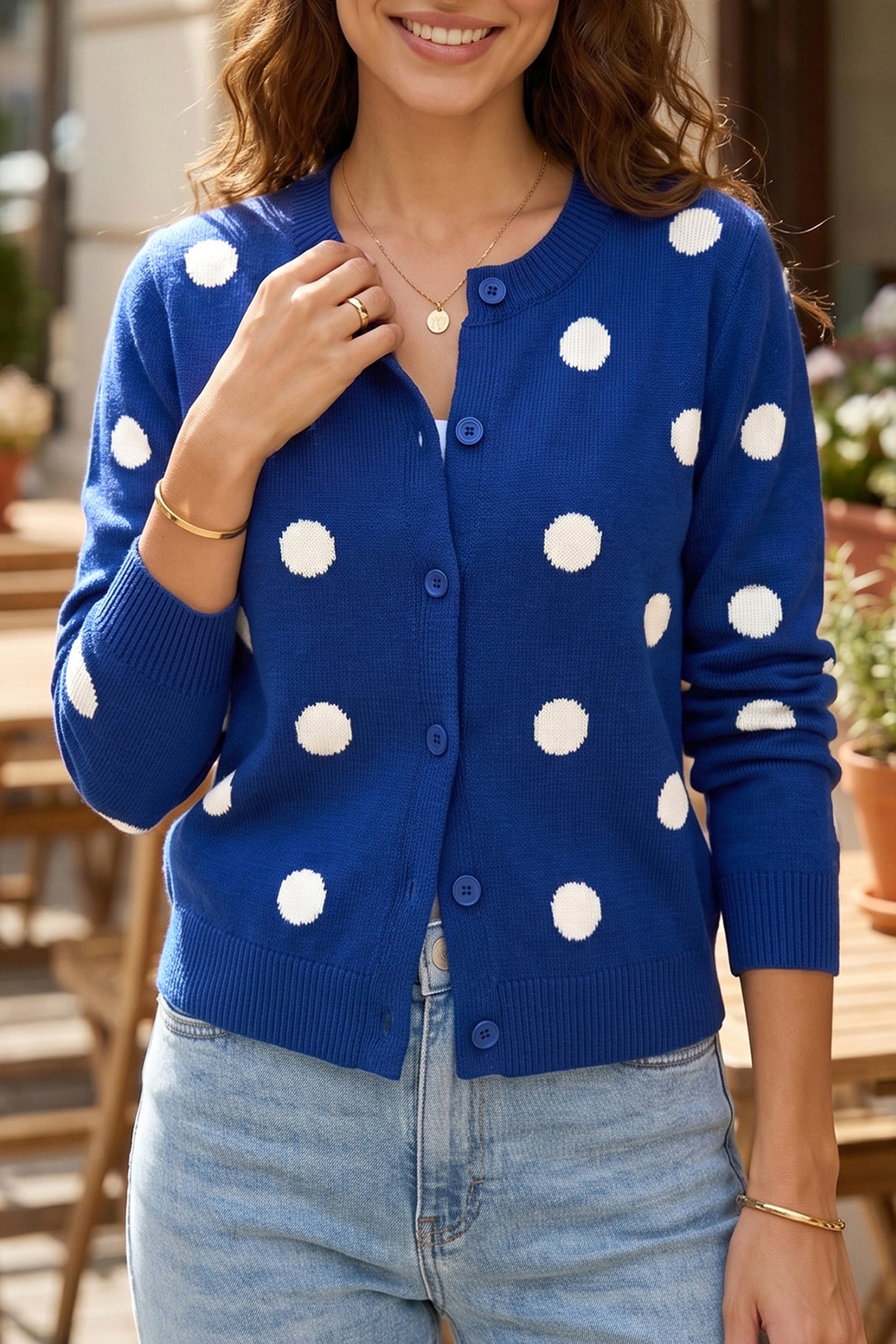 Fiery Red Casual Polka Dot Button Front Long Sleeve Sweater Cardigan
