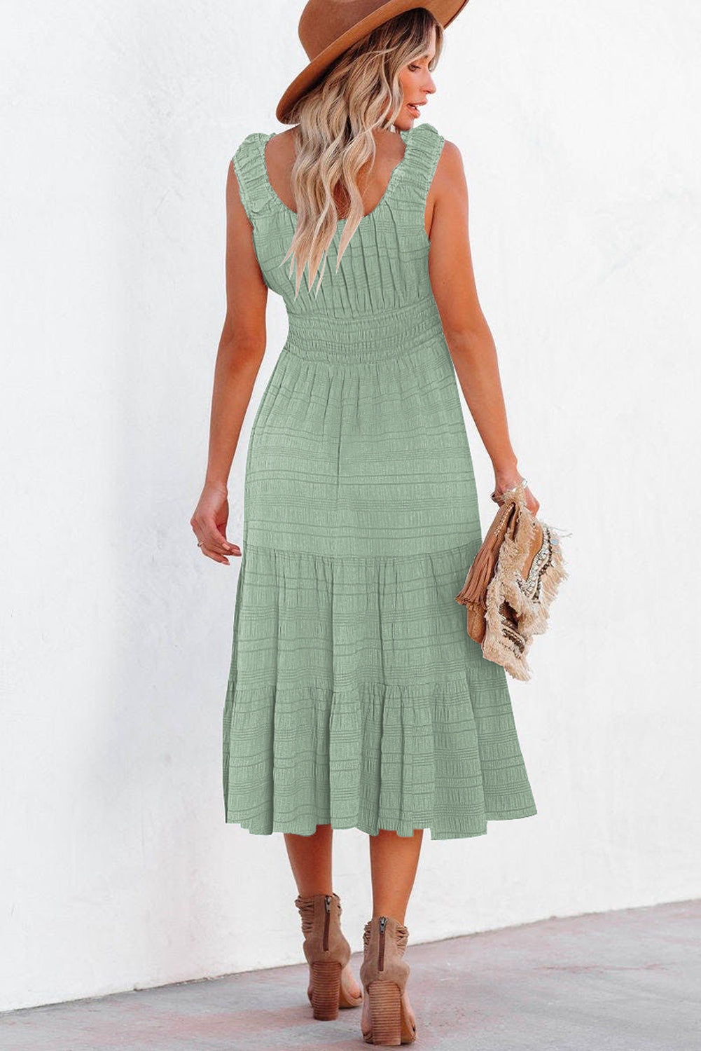 Green Pleated Square Neck Sleeveless Midi Dress