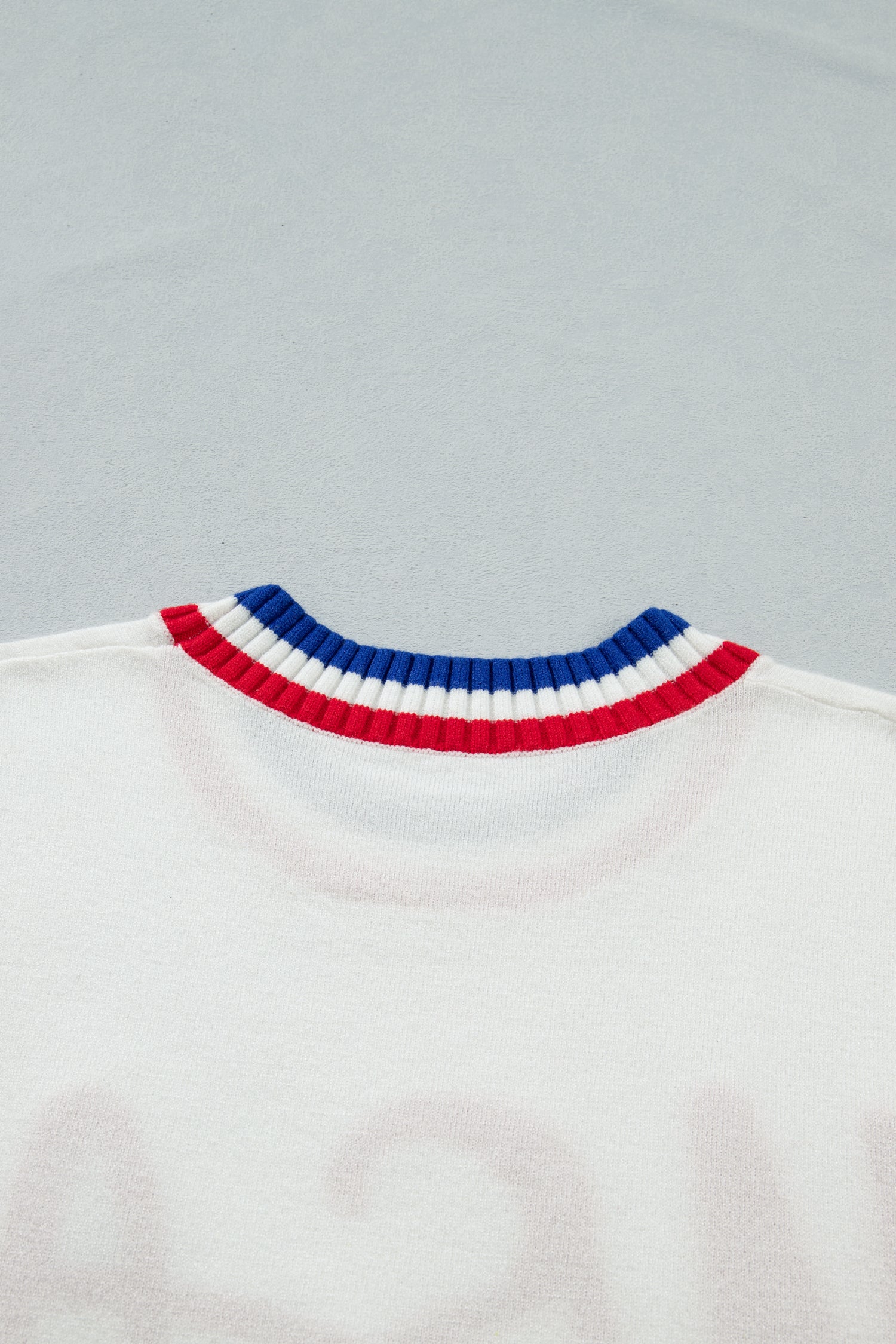 White USA Contrast Striped Trim Round Neck Short Sleeve Sweater