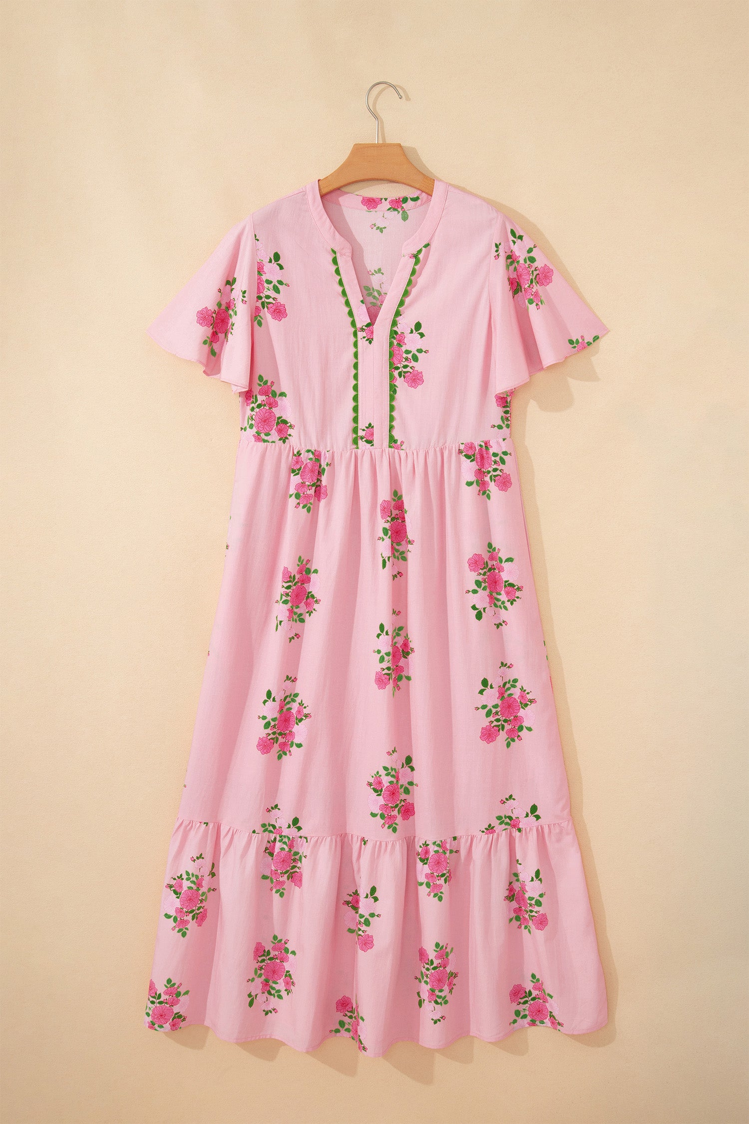 Sky Blue Notched Neck Flutter Short Sleeve Floral Print Maxi Dress