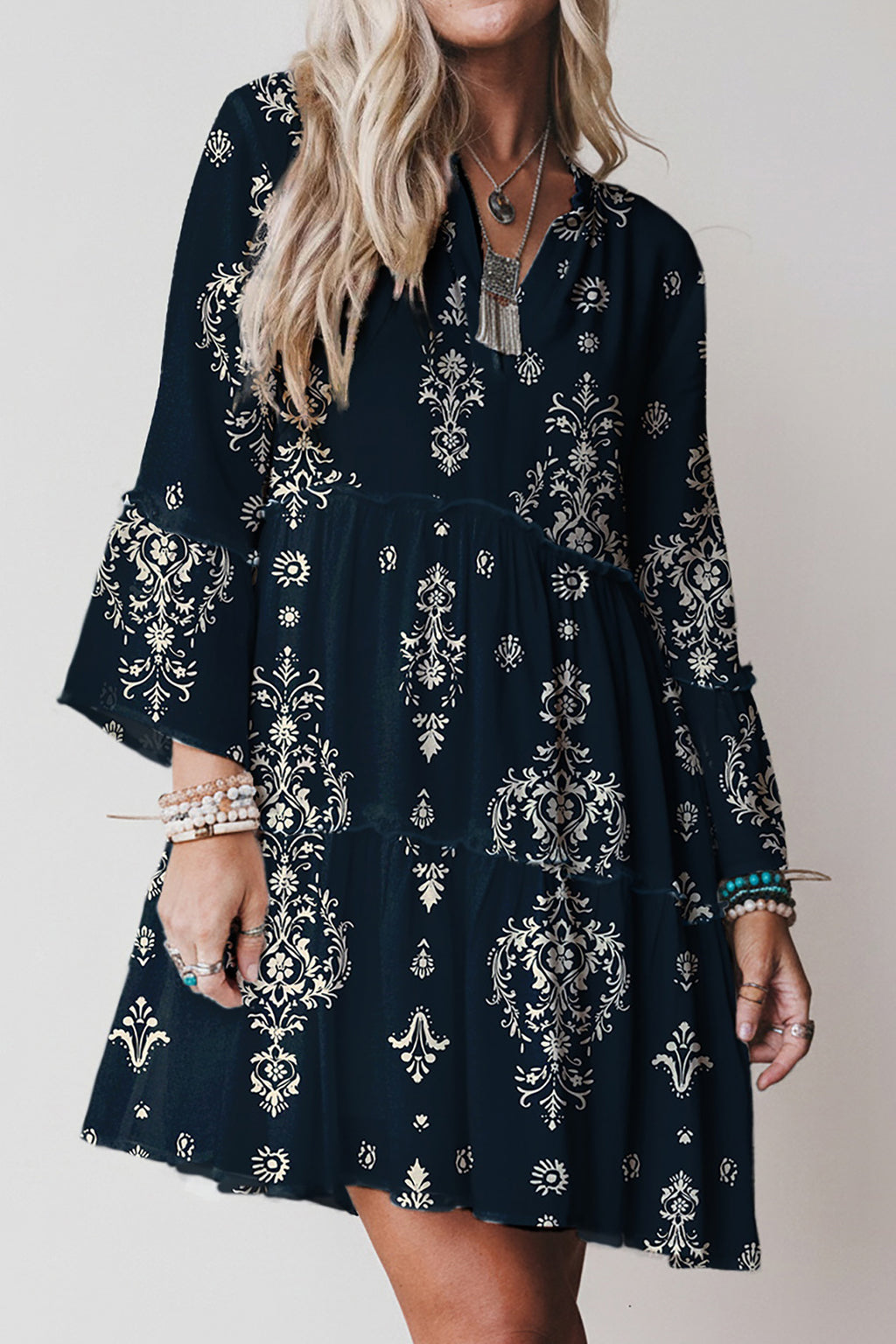 Red Boho Floral Print Lettuce Trim 3/4 Sleeve Mini Dress