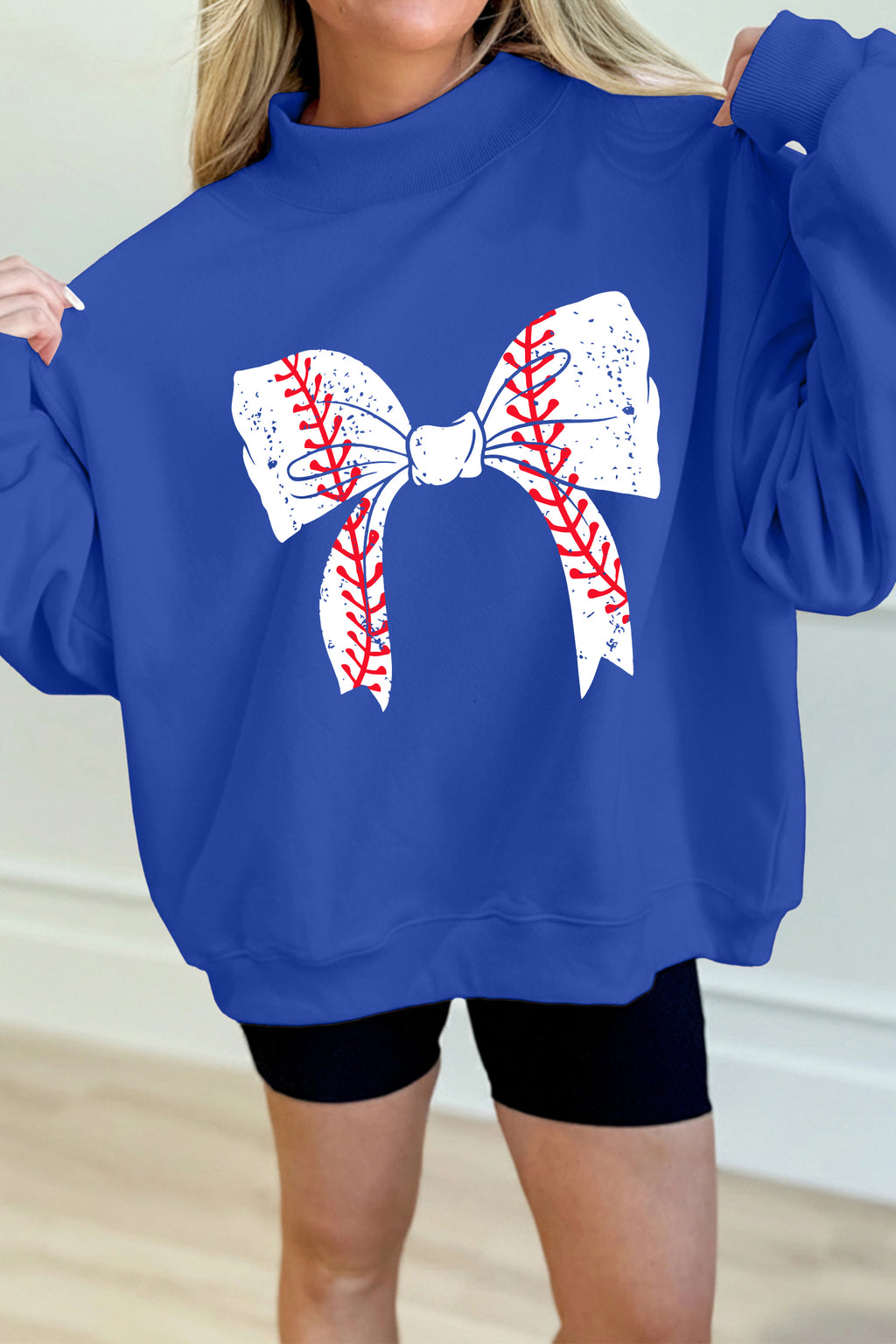 Baseball Large Bow Mock Neck Sweatshirt