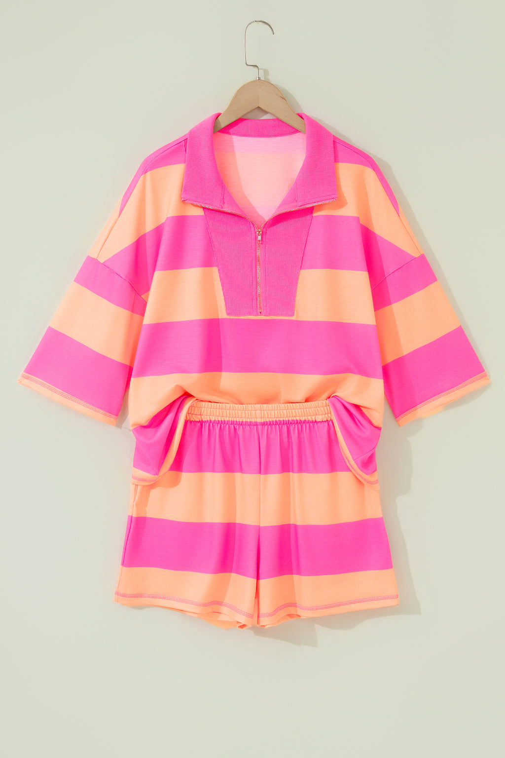 Pink Seam Detail Half Zip Tee Casual Shorts 2pcs Set